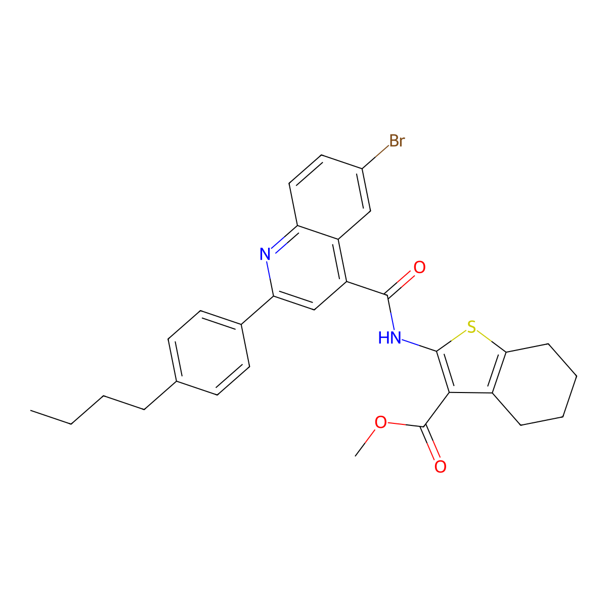 Methyl 2-({[6-bromo-2-(4-butylphenyl)quinolin-4-yl]carbonyl}amino)-4,5,6,7-tetrahydro-1-benzothiophene-3-carboxylate molecular structure, CAS 438196-42-0