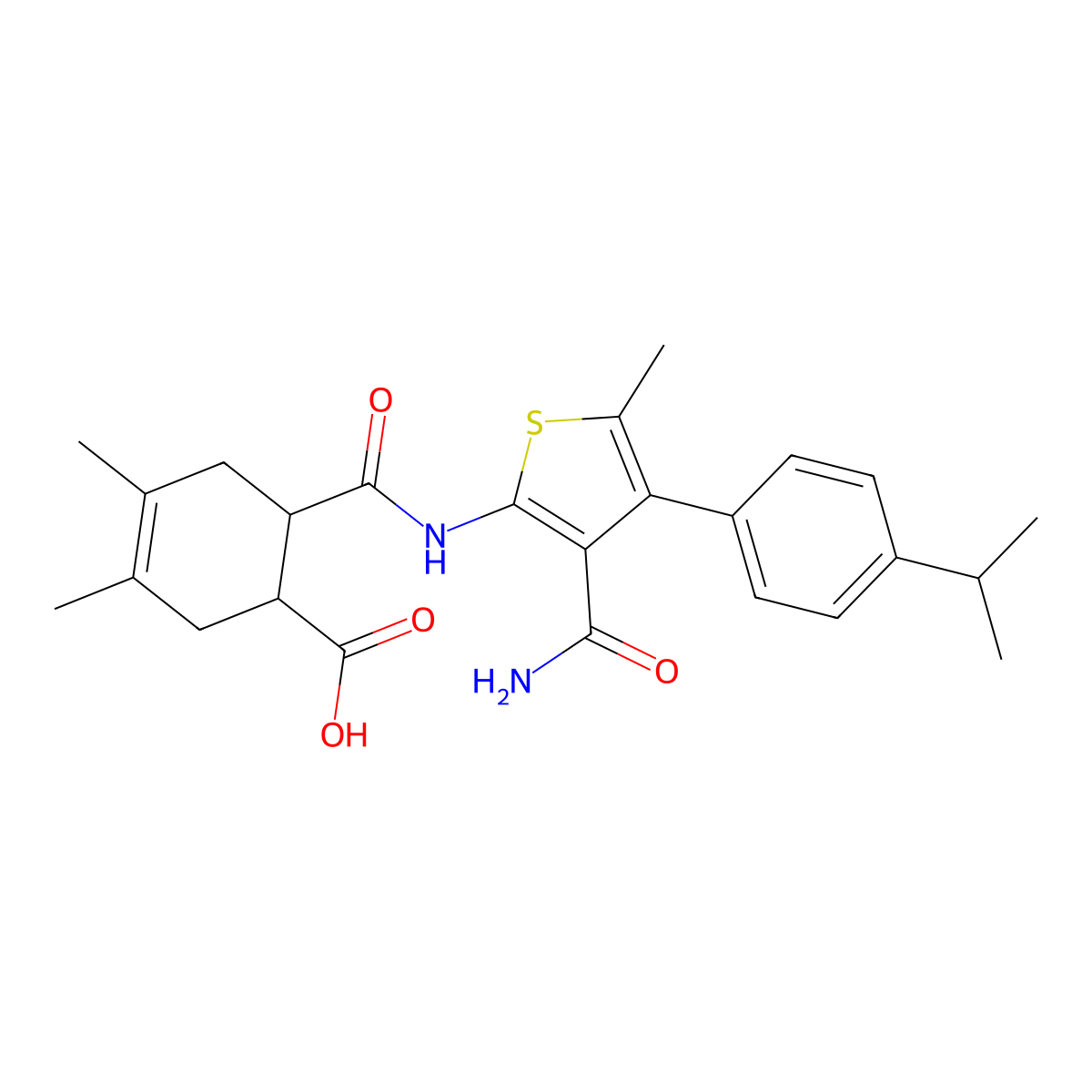 6-({3-Carbamoyl-5-methyl-4-[4-(propan-2-yl)phenyl]thiophen-2-yl}carbamoyl)-3,4-dimethylcyclohex-3-ene-1-carboxylic acid molecular structure, CAS 438196-43-1