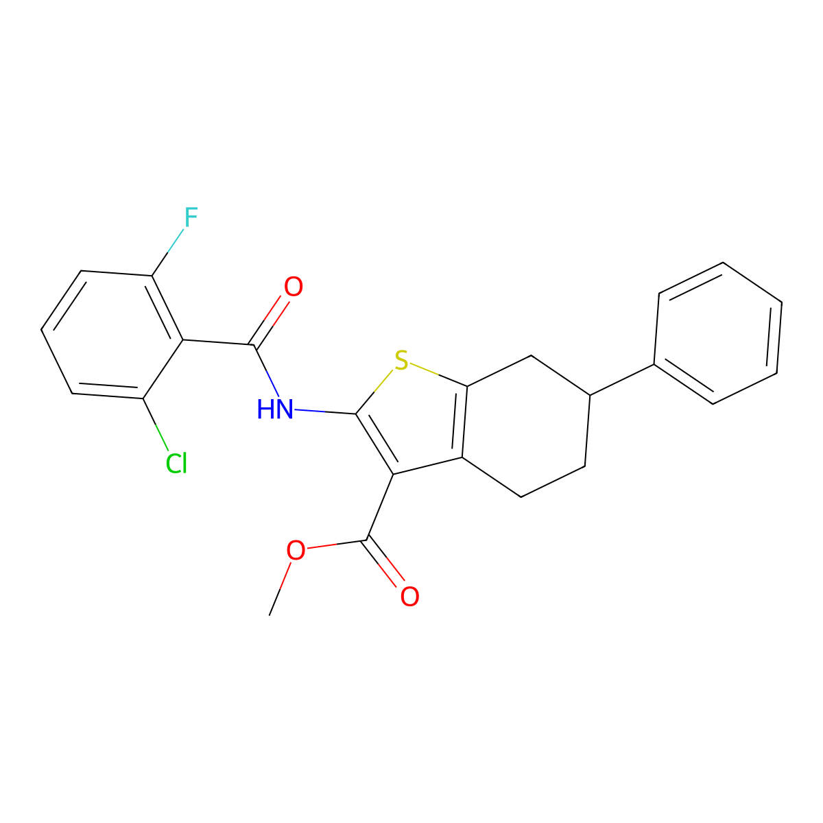 Methyl 2-[(2-chloro-6-fluorobenzoyl)amino]-6-phenyl-4,5,6,7-tetrahydro-1-benzothiophene-3-carboxylate molecular structure, CAS 438196-67-9