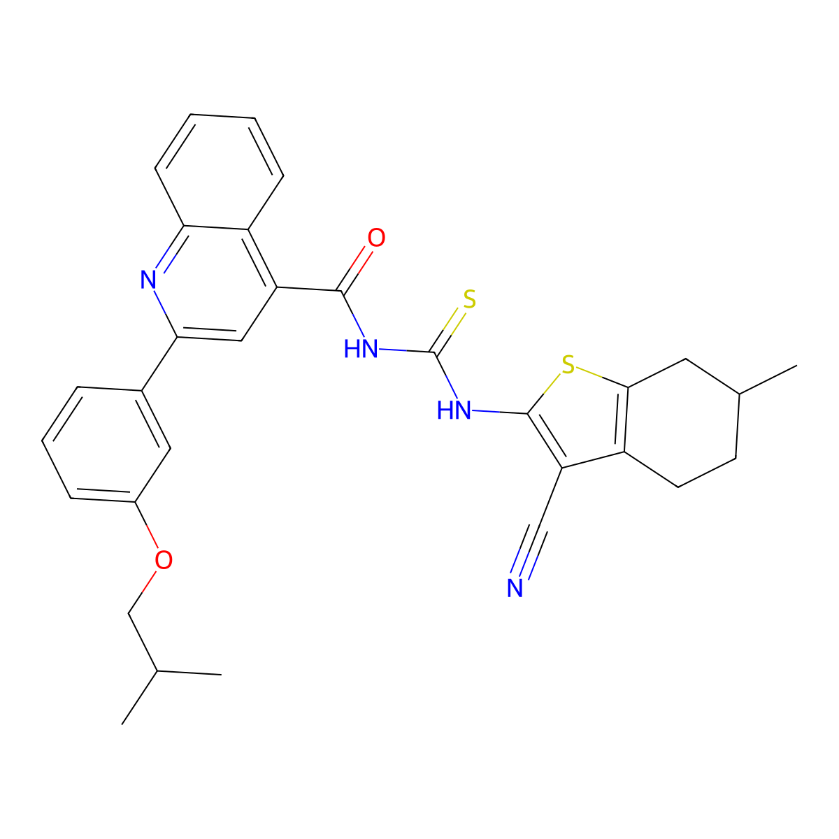N-[(3-cyano-6-methyl-4,5,6,7-tetrahydro-1-benzothiophen-2-yl)carbamothioyl]-2-[3-(2-methylpropoxy)phenyl]quinoline-4-carboxamide molecular structure, CAS 438196-77-1