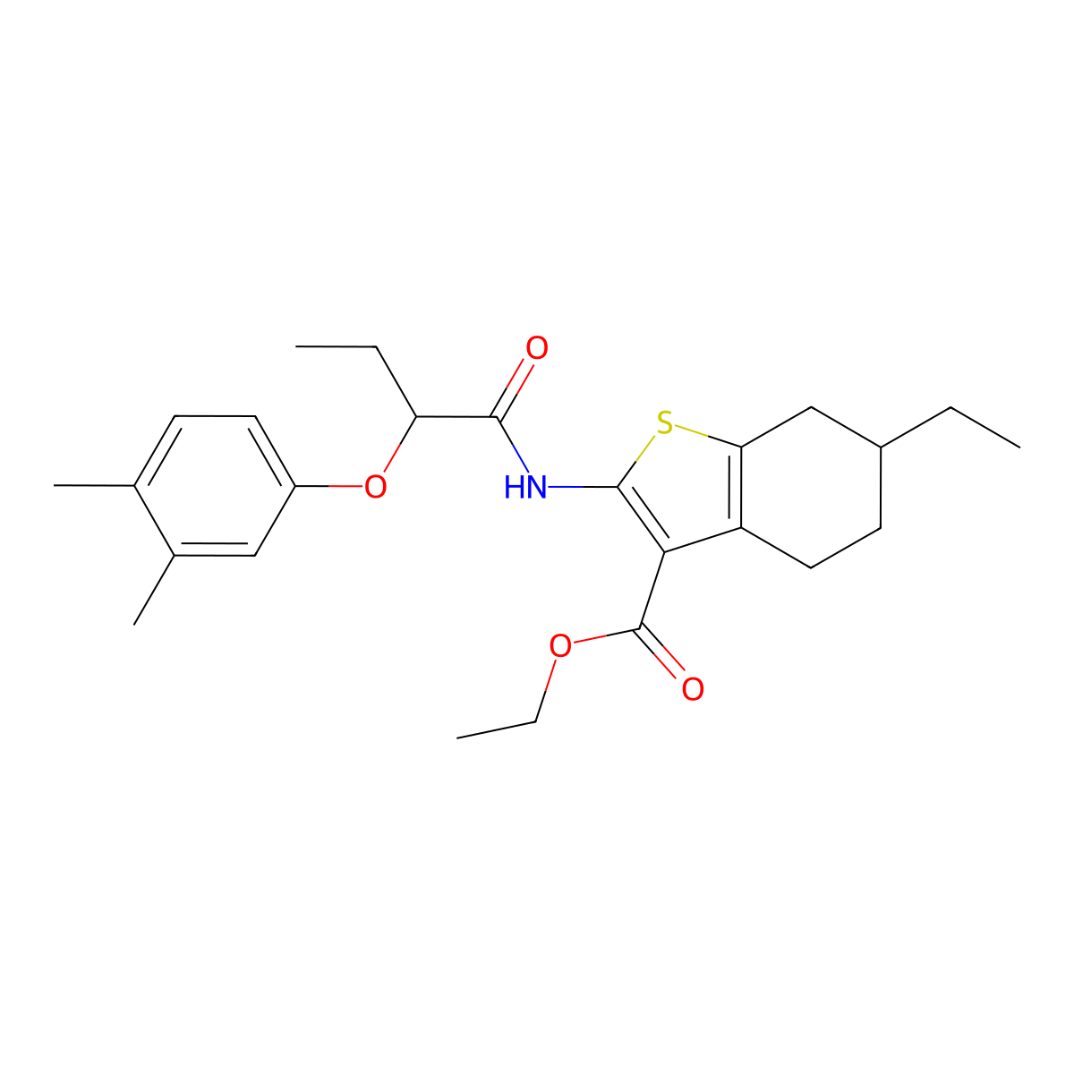Ethyl 2-{[2-(3,4-dimethylphenoxy)butanoyl]amino}-6-ethyl-4,5,6,7-tetrahydro-1-benzothiophene-3-carboxylate molecular structure, CAS 438196-86-2
