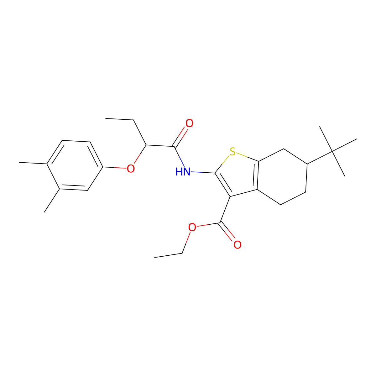 Ethyl 6-tert-butyl-2-{[2-(3,4-dimethylphenoxy)butanoyl]amino}-4,5,6,7-tetrahydro-1-benzothiophene-3-carboxylate molecular structure, CAS 438196-93-1