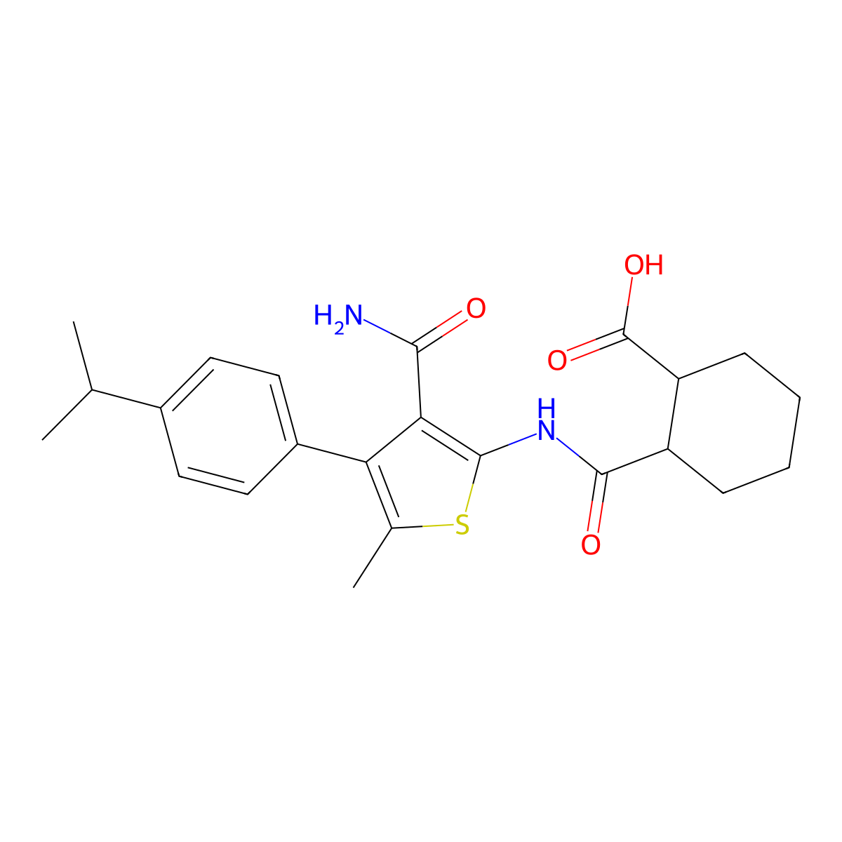 2-({[3-(Aminocarbonyl)-4-(4-isopropylphenyl)-5-methyl-2-thienyl]amino}carbonyl)cyclohexanecarboxylic acid molecular structure, CAS 438196-96-4