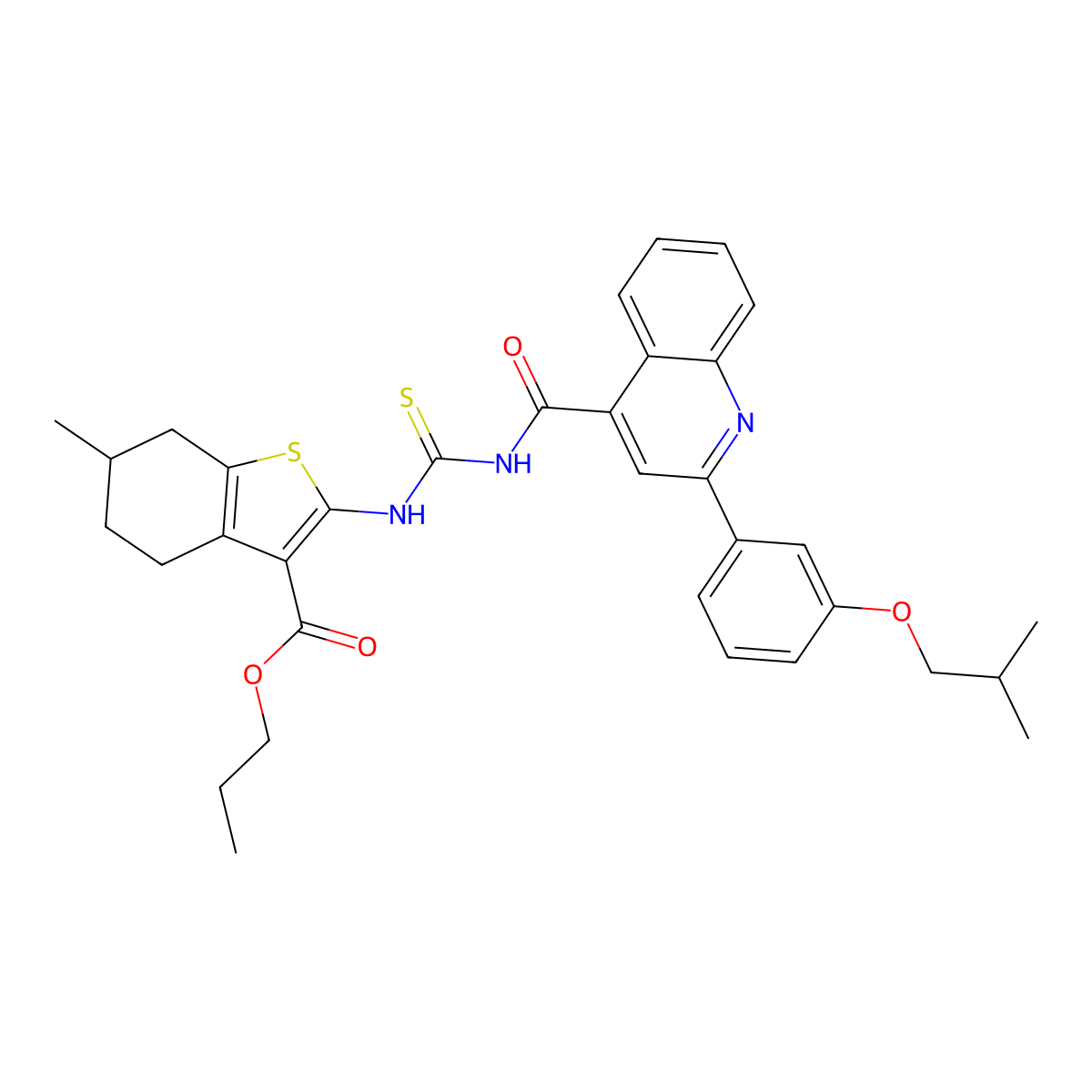 Propyl 2-{[({[2-(3-isobutoxyphenyl)-4-quinolinyl]carbonyl}amino)carbothioyl]amino}-6-methyl-4,5,6,7-tetrahydro-1-benzothiophene-3-carboxylate molecular structure, CAS 438197-07-0