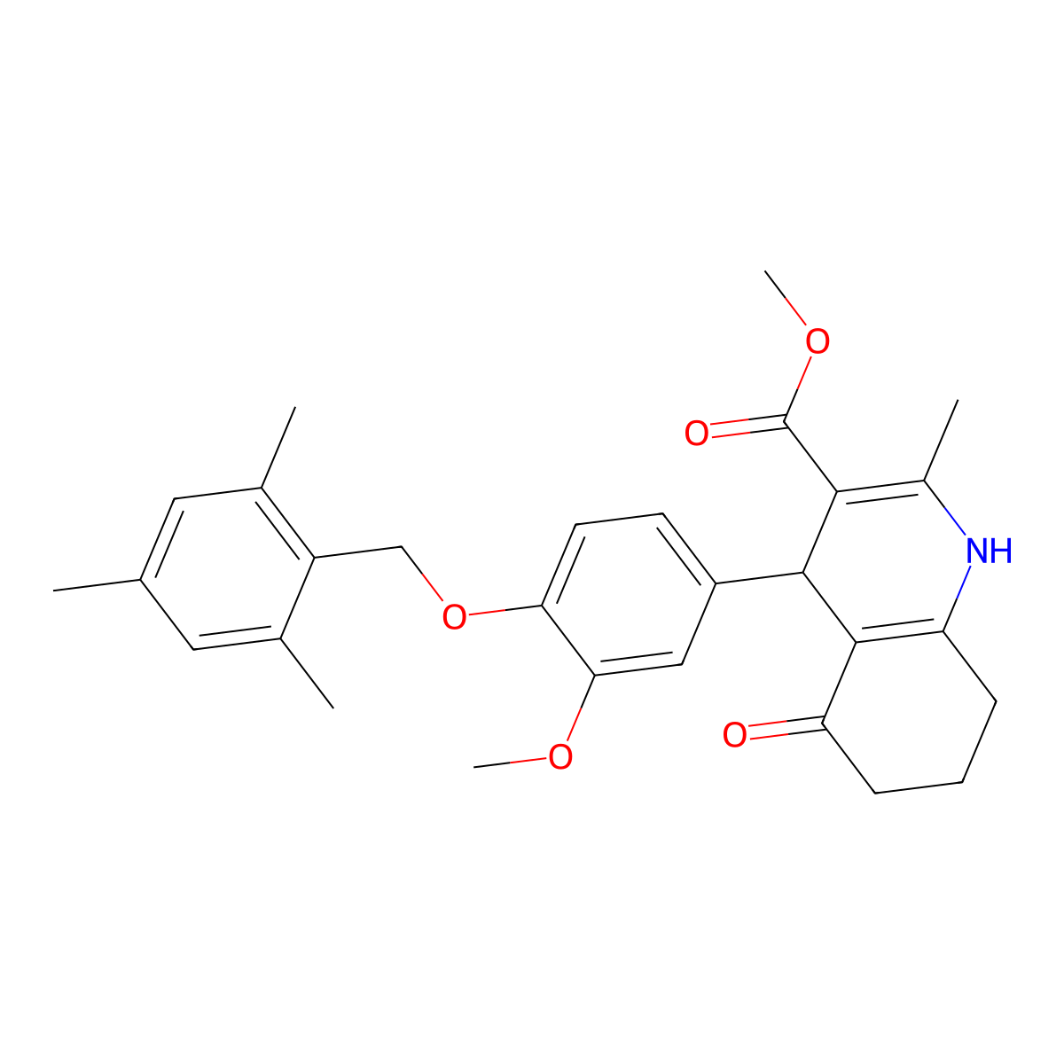 Methyl 4-[4-(mesitylmethoxy)-3-methoxyphenyl]-2-methyl-5-oxo-1,4,5,6,7,8-hexahydro-3-quinolinecarboxylate molecular structure, CAS 438197-15-0
