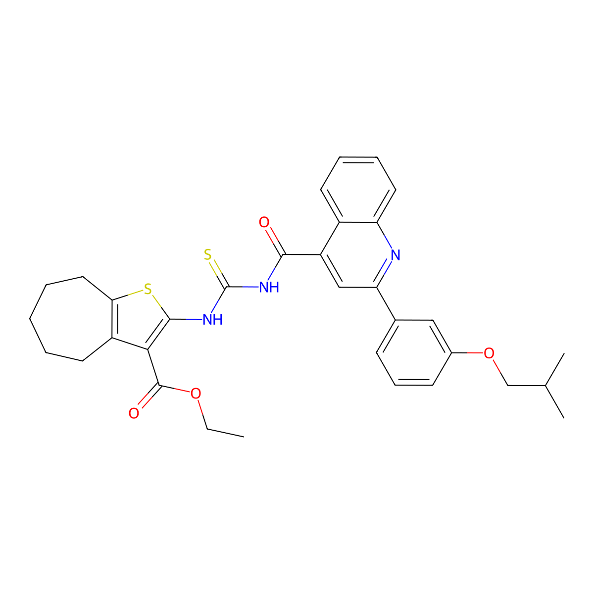 ethyl 2-[[2-[3-(2-methylpropoxy)phenyl]quinoline-4-carbonyl]carbamothioylamino]-5,6,7,8-tetrahydro-4H-cyclohepta[b]thiophene-3-carboxylate molecular structure, CAS 438197-18-3