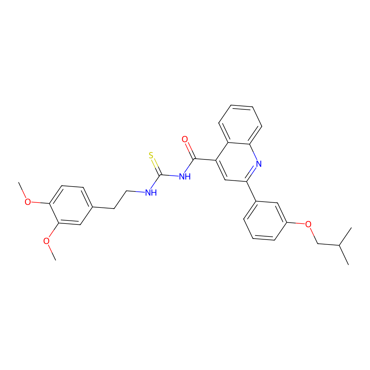 N-[2-(3,4-dimethoxyphenyl)ethylcarbamothioyl]-2-[3-(2-methylpropoxy)phenyl]quinoline-4-carboxamide molecular structure, CAS 438197-23-0