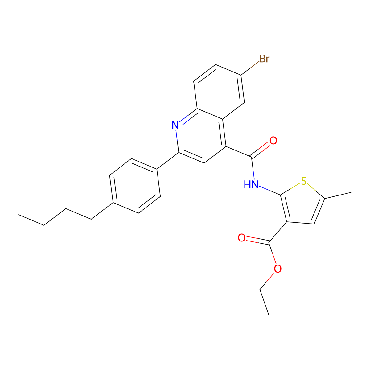 Ethyl 2-[[6-bromo-2-(4-butylphenyl)quinoline-4-carbonyl]amino]-5-methylthiophene-3-carboxylate molecular structure, CAS 438197-64-9