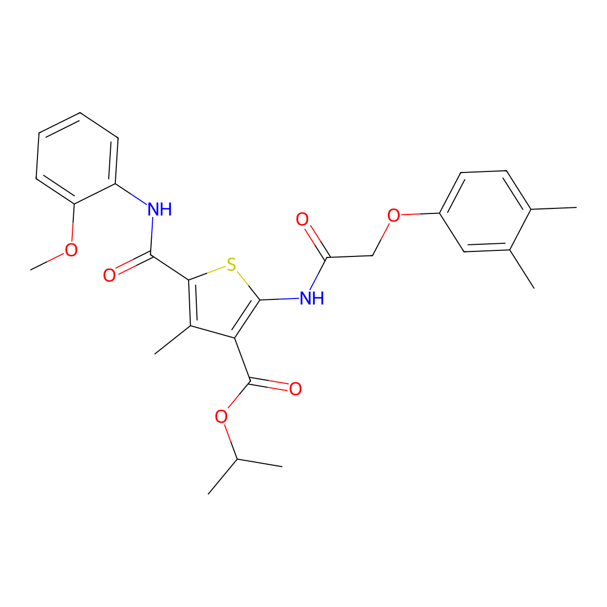 Isopropyl 2-{[(3,4-dimethylphenoxy)acetyl]amino}-5-[(2-methoxyanilino)carbonyl]-4-methyl-3-thiophenecarboxylate molecular structure, CAS 438197-70-7