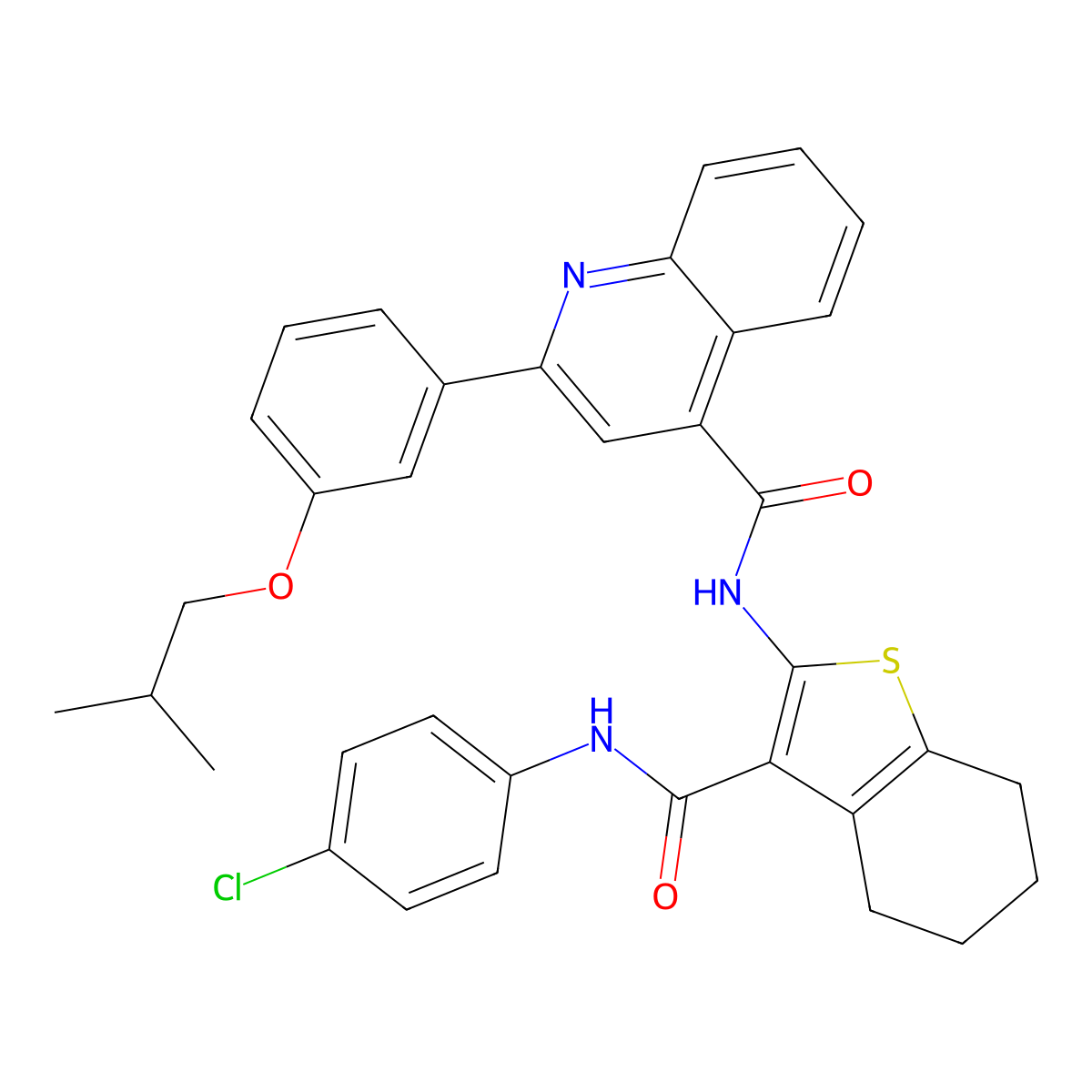 N-[3-[(4-chlorophenyl)carbamoyl]-4,5,6,7-tetrahydro-1-benzothiophen-2-yl]-2-[3-(2-methylpropoxy)phenyl]quinoline-4-carboxamide molecular structure, CAS 438197-71-8