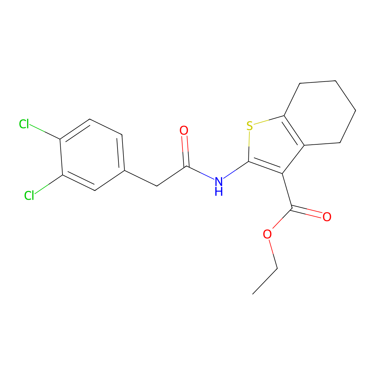 Ethyl 2-{[(3,4-dichlorophenyl)acetyl]amino}-4,5,6,7-tetrahydro-1-benzothiophene-3-carboxylate molecular structure, CAS 438197-78-5