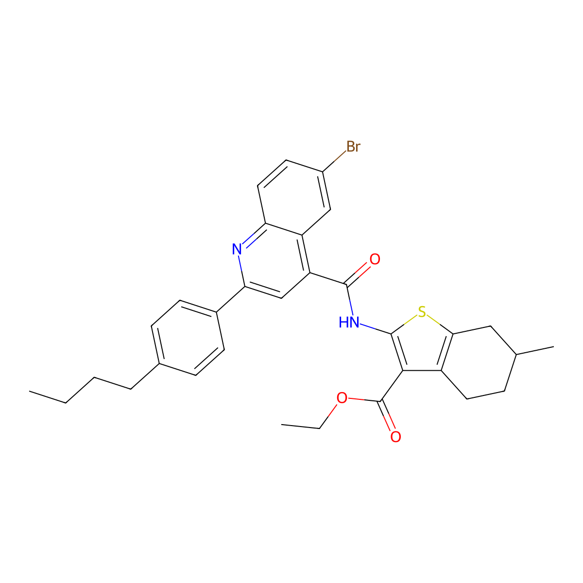 Ethyl 2-({[6-bromo-2-(4-butylphenyl)-4-quinolinyl]carbonyl}amino)-6-methyl-4,5,6,7-tetrahydro-1-benzothiophene-3-carboxylate molecular structure, CAS 438197-79-6
