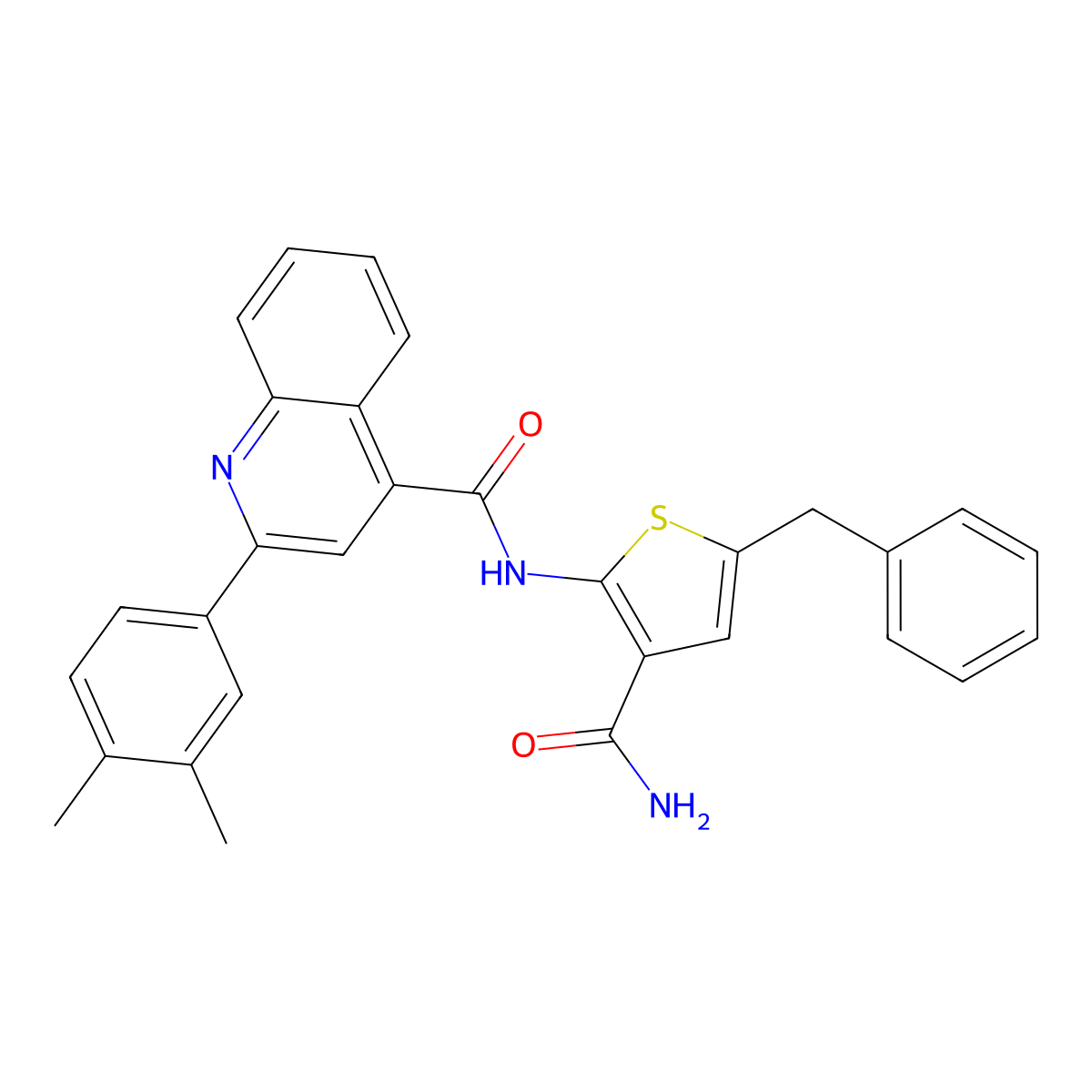 N-(5-benzyl-3-carbamoylthiophen-2-yl)-2-(3,4-dimethylphenyl)quinoline-4-carboxamide molecular structure, CAS 438197-80-9