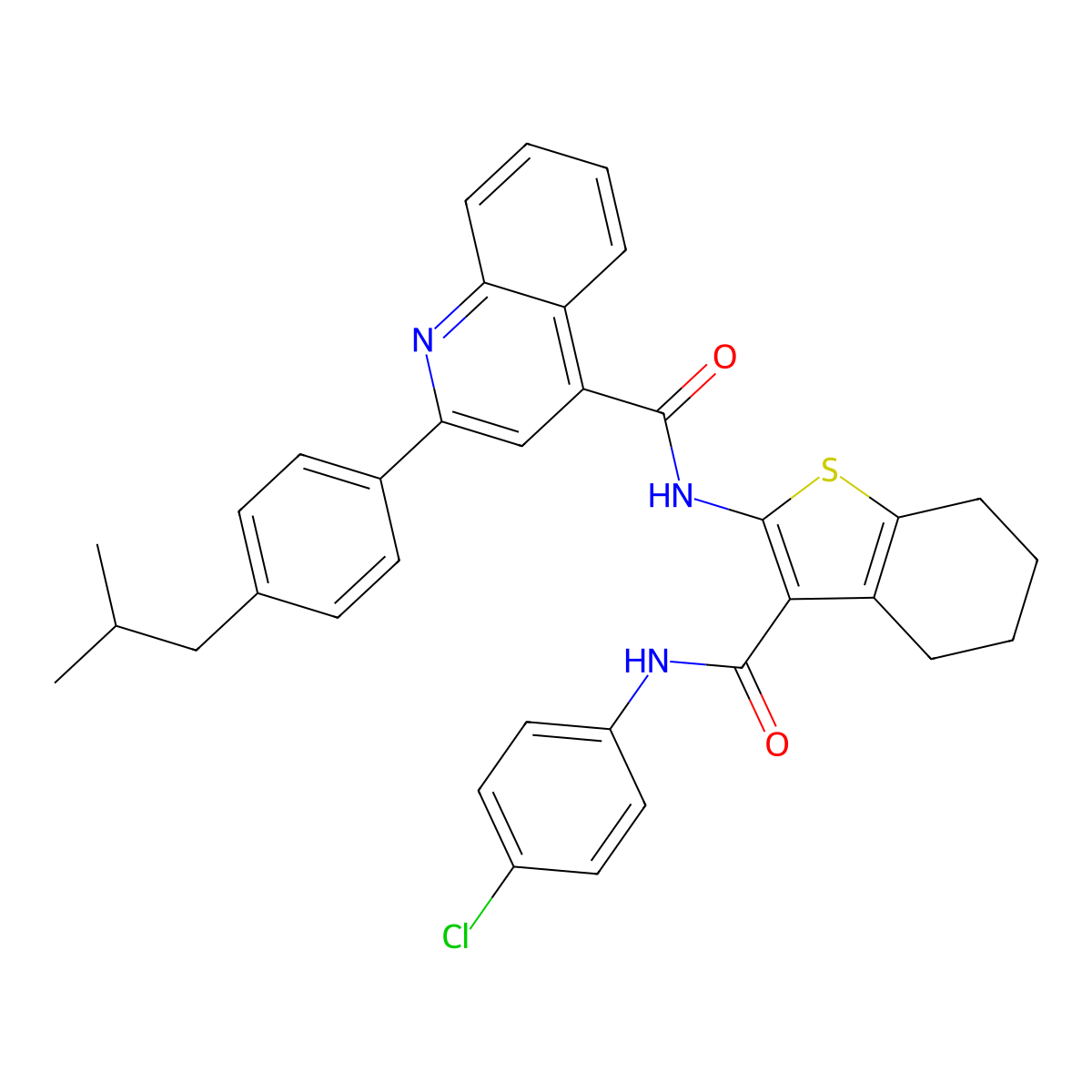N-[3-[(4-chlorophenyl)carbamoyl]-4,5,6,7-tetrahydro-1-benzothiophen-2-yl]-2-[4-(2-methylpropyl)phenyl]quinoline-4-carboxamide molecular structure, CAS 438197-82-1