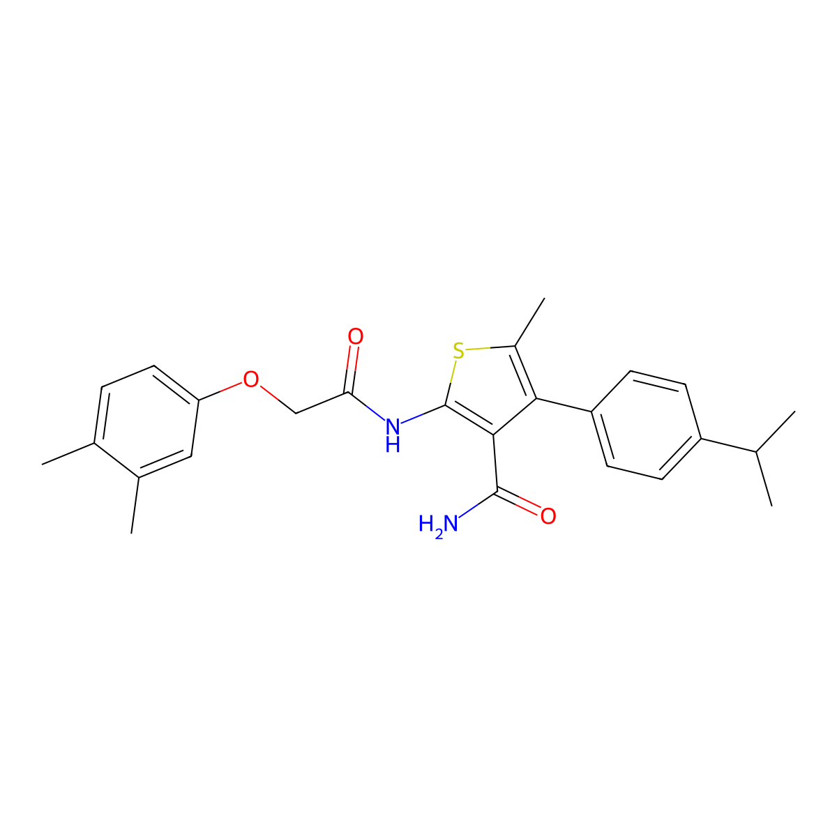 2-[[2-(3,4-Dimethylphenoxy)acetyl]amino]-5-methyl-4-(4-propan-2-ylphenyl)thiophene-3-carboxamide molecular structure, CAS 438197-87-6