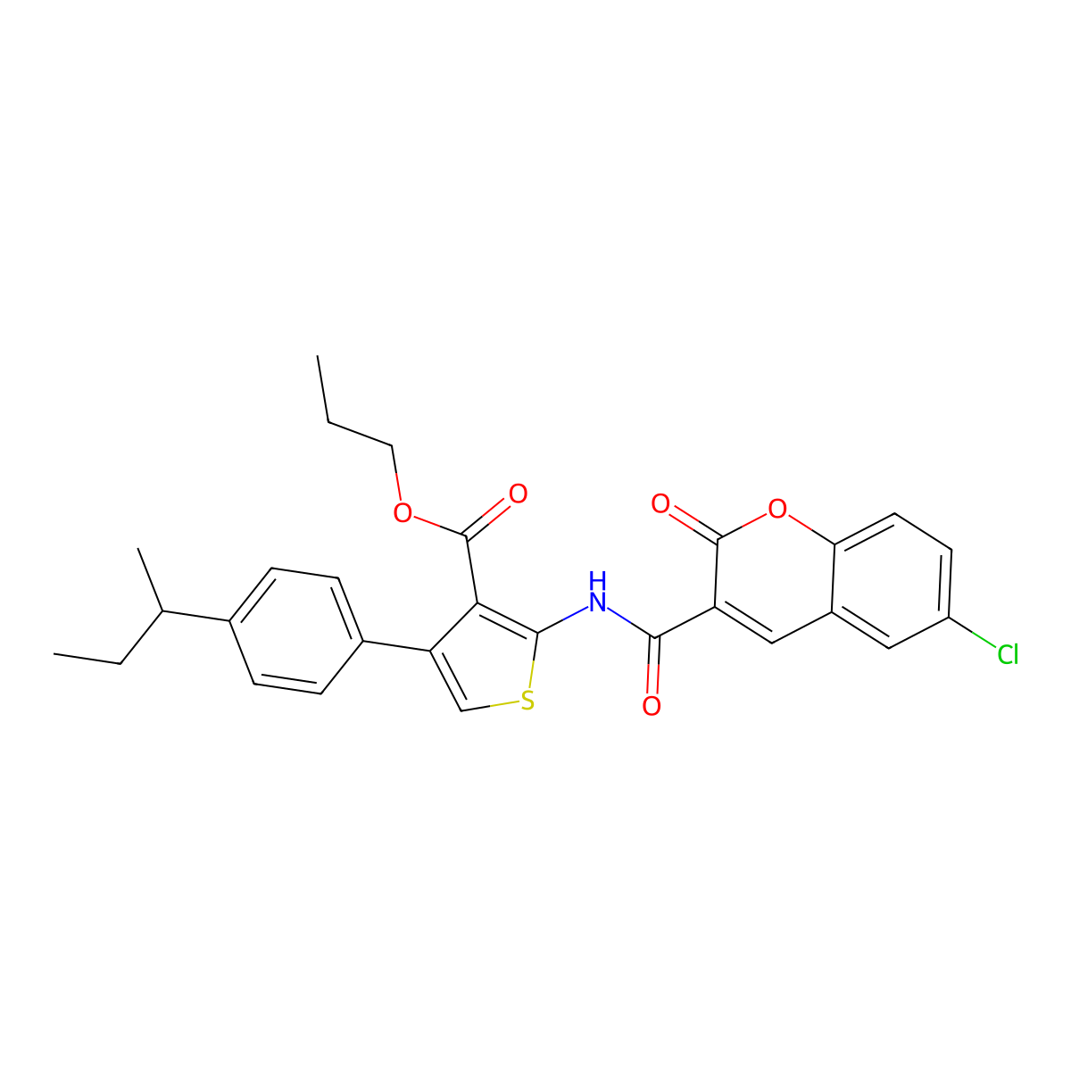 Propyl 4-(4-butan-2-ylphenyl)-2-[(6-chloro-2-oxochromene-3-carbonyl)amino]thiophene-3-carboxylate molecular structure, CAS 438198-00-6