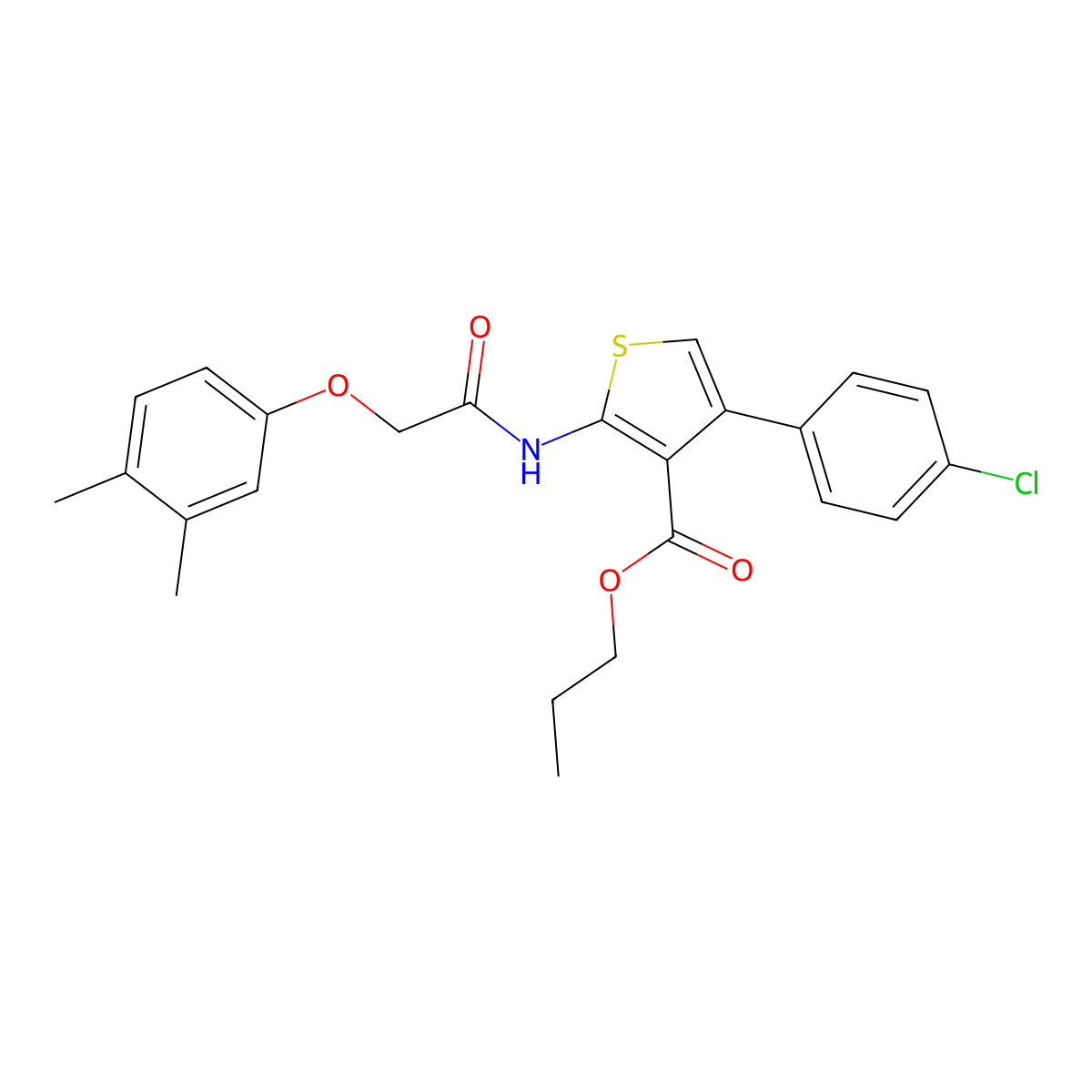 Propyl 4-(4-chlorophenyl)-2-{[(3,4-dimethylphenoxy)acetyl]amino}-3-thiophenecarboxylate molecular structure, CAS 438198-04-0