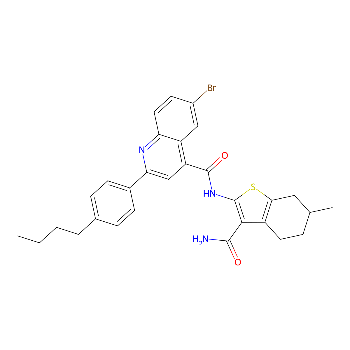 6-bromo-2-(4-butylphenyl)-N-(3-carbamoyl-6-methyl-4,5,6,7-tetrahydro-1-benzothiophen-2-yl)quinoline-4-carboxamide molecular structure, CAS 438198-05-1