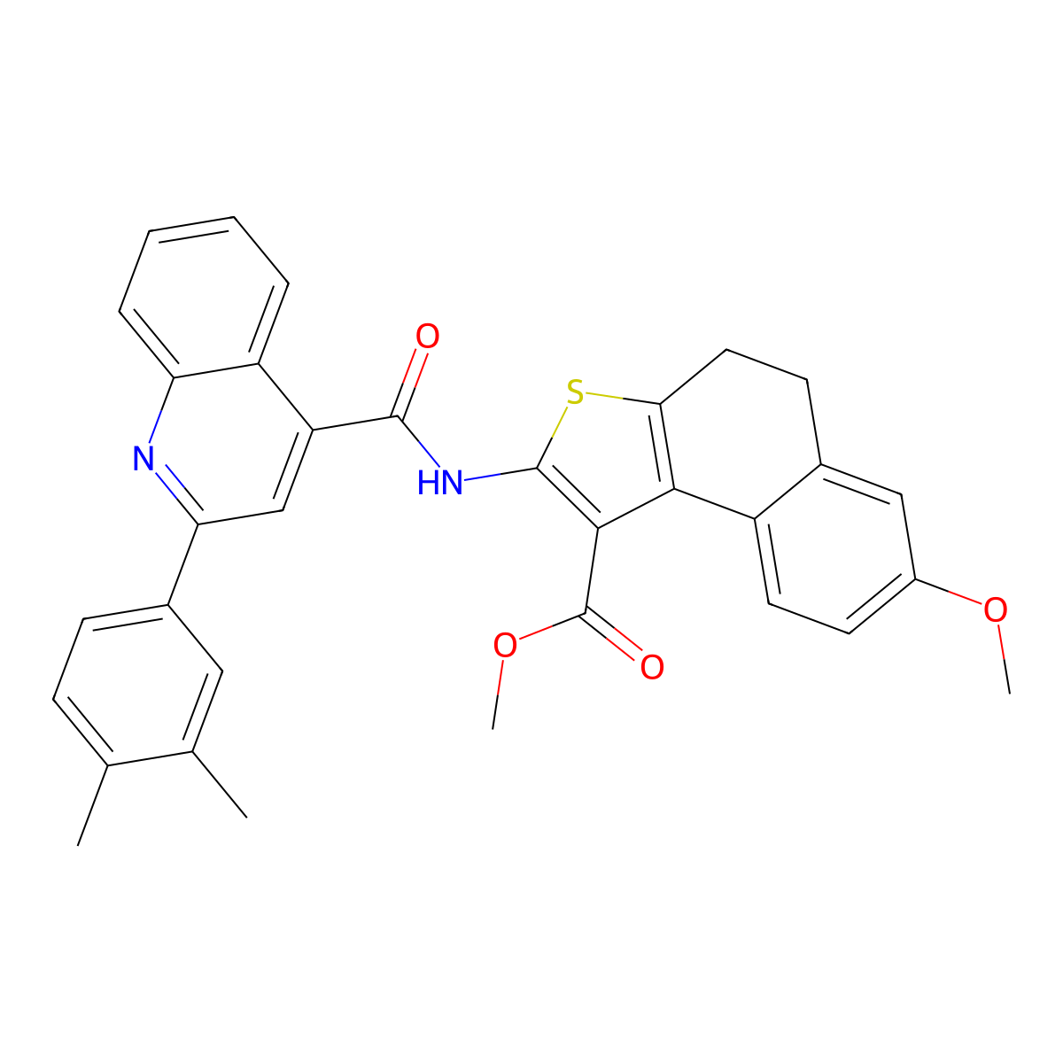 Methyl 2-[[2-(3,4-dimethylphenyl)quinoline-4-carbonyl]amino]-7-methoxy-4,5-dihydrobenzo[e][1]benzothiole-1-carboxylate molecular structure, CAS 438198-18-6