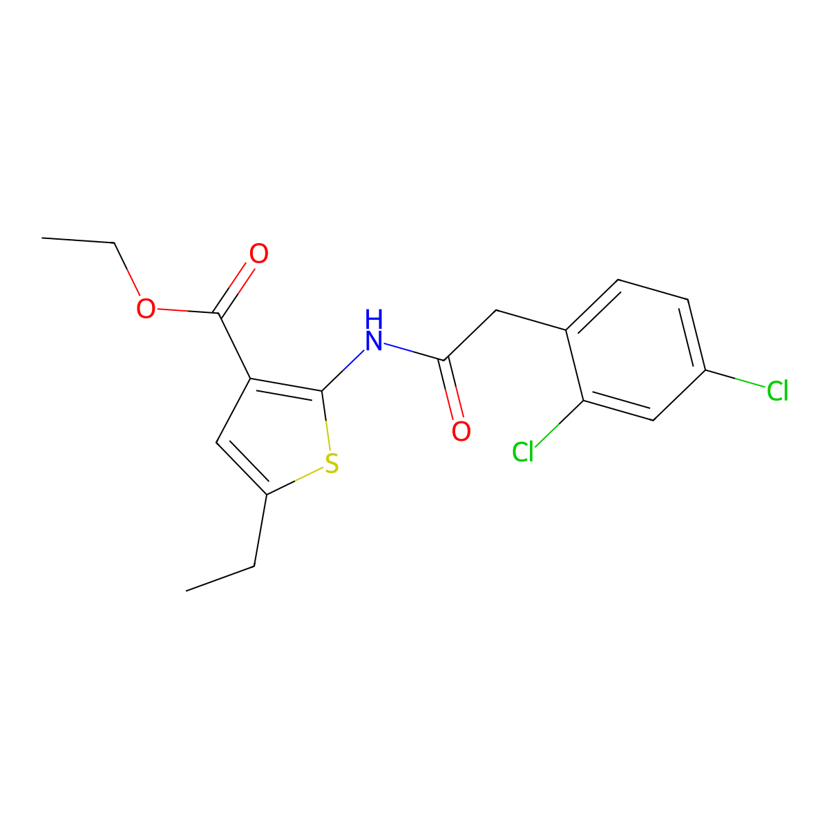 Ethyl 2-{[(2,4-dichlorophenyl)acetyl]amino}-5-ethyl-3-thiophenecarboxylate molecular structure, CAS 438198-20-0