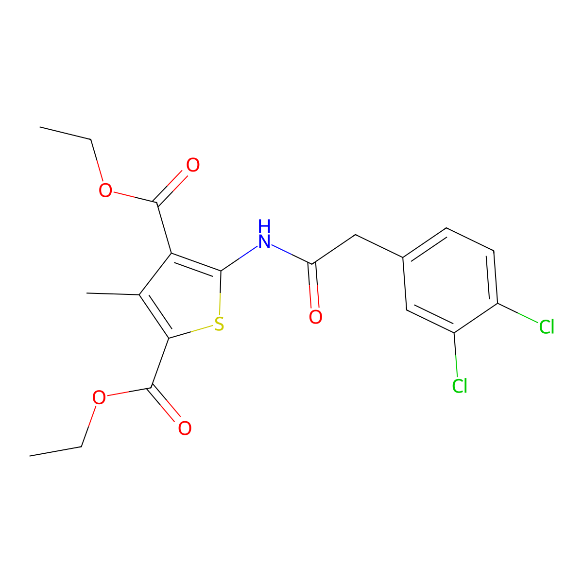 Diethyl 5-{[(3,4-dichlorophenyl)acetyl]amino}-3-methyl-2,4-thiophenedicarboxylate molecular structure, CAS 438198-27-7