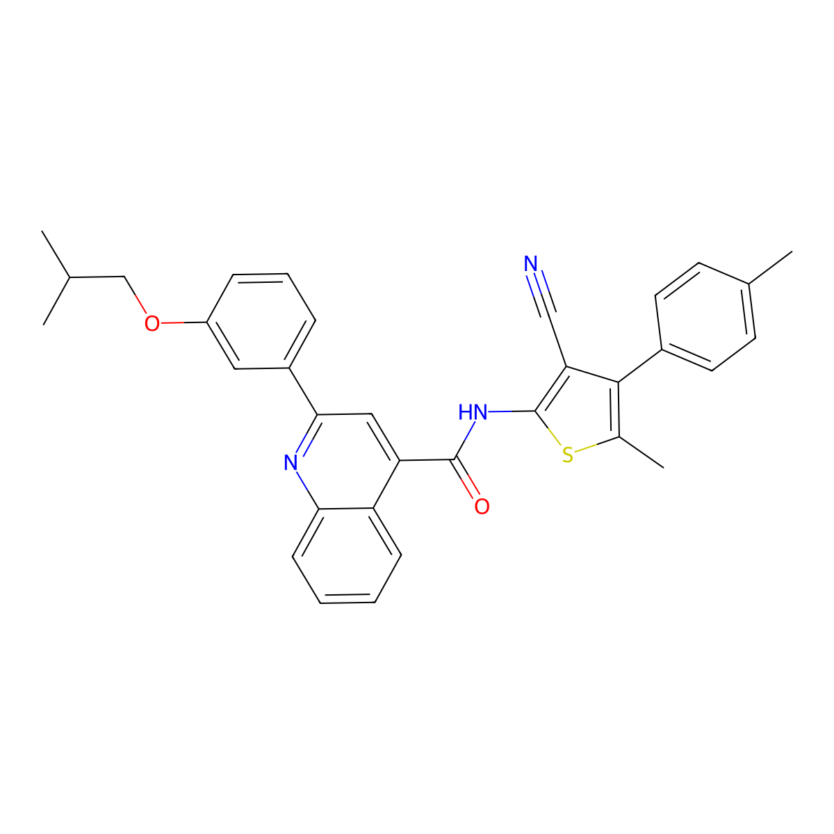 N-[3-cyano-5-methyl-4-(4-methylphenyl)thiophen-2-yl]-2-[3-(2-methylpropoxy)phenyl]quinoline-4-carboxamide molecular structure, CAS 438198-62-0
