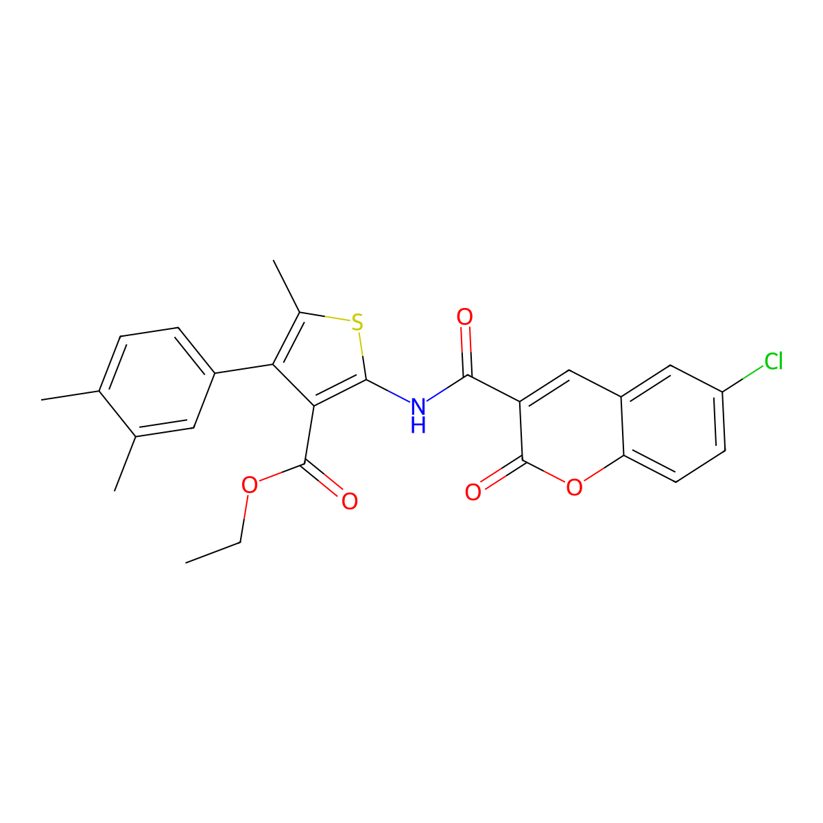 Ethyl 2-[(6-chloro-2-oxochromene-3-carbonyl)amino]-4-(3,4-dimethylphenyl)-5-methylthiophene-3-carboxylate molecular structure, CAS 438198-65-3