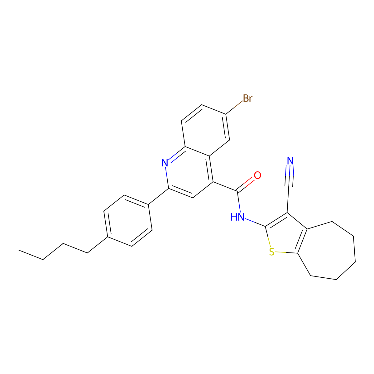 6-bromo-2-(4-butylphenyl)-N-(3-cyano-5,6,7,8-tetrahydro-4H-cyclohepta[b]thiophen-2-yl)quinoline-4-carboxamide molecular structure, CAS 438198-71-1