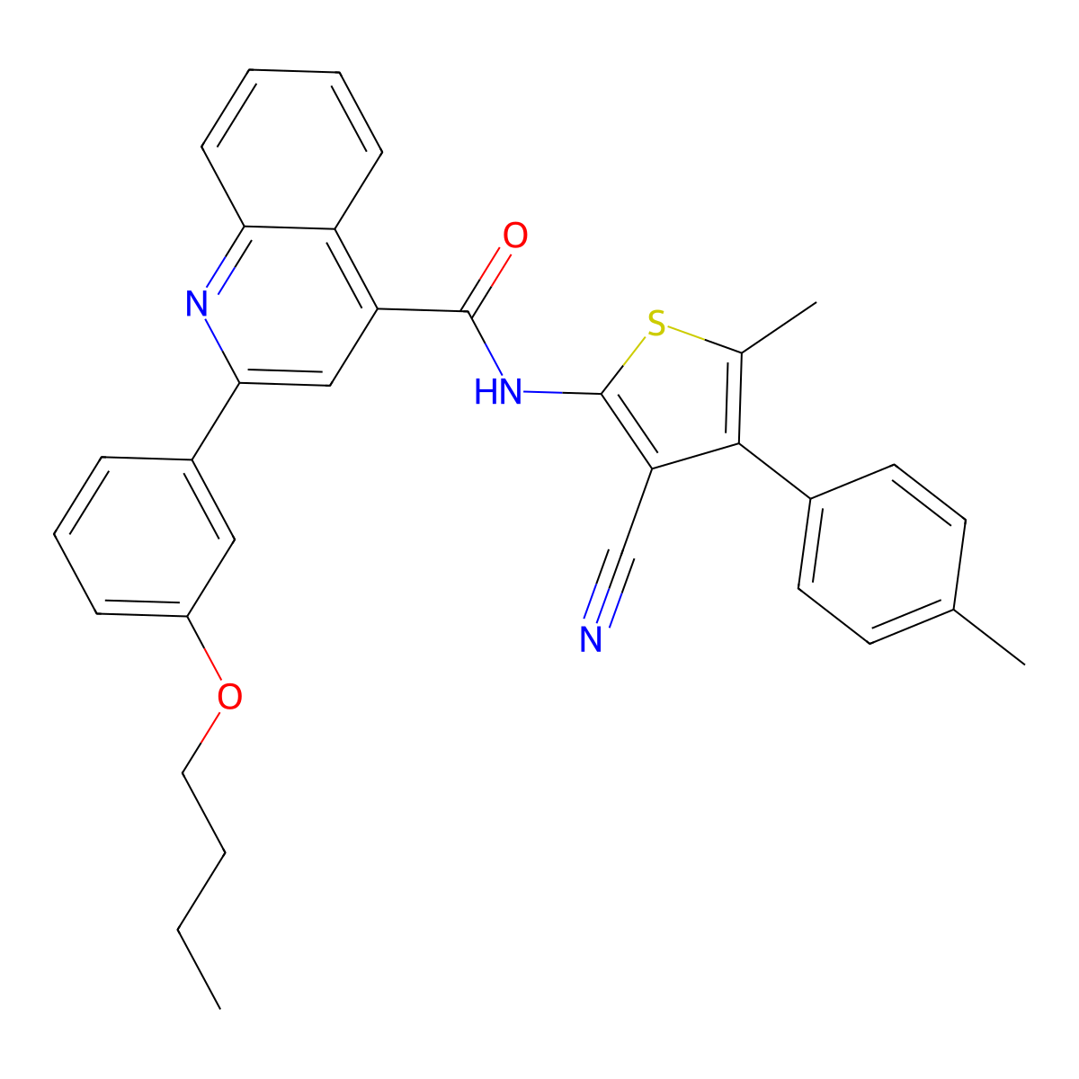2-(3-butoxyphenyl)-N-[3-cyano-5-methyl-4-(4-methylphenyl)thiophen-2-yl]quinoline-4-carboxamide molecular structure, CAS 438198-79-9