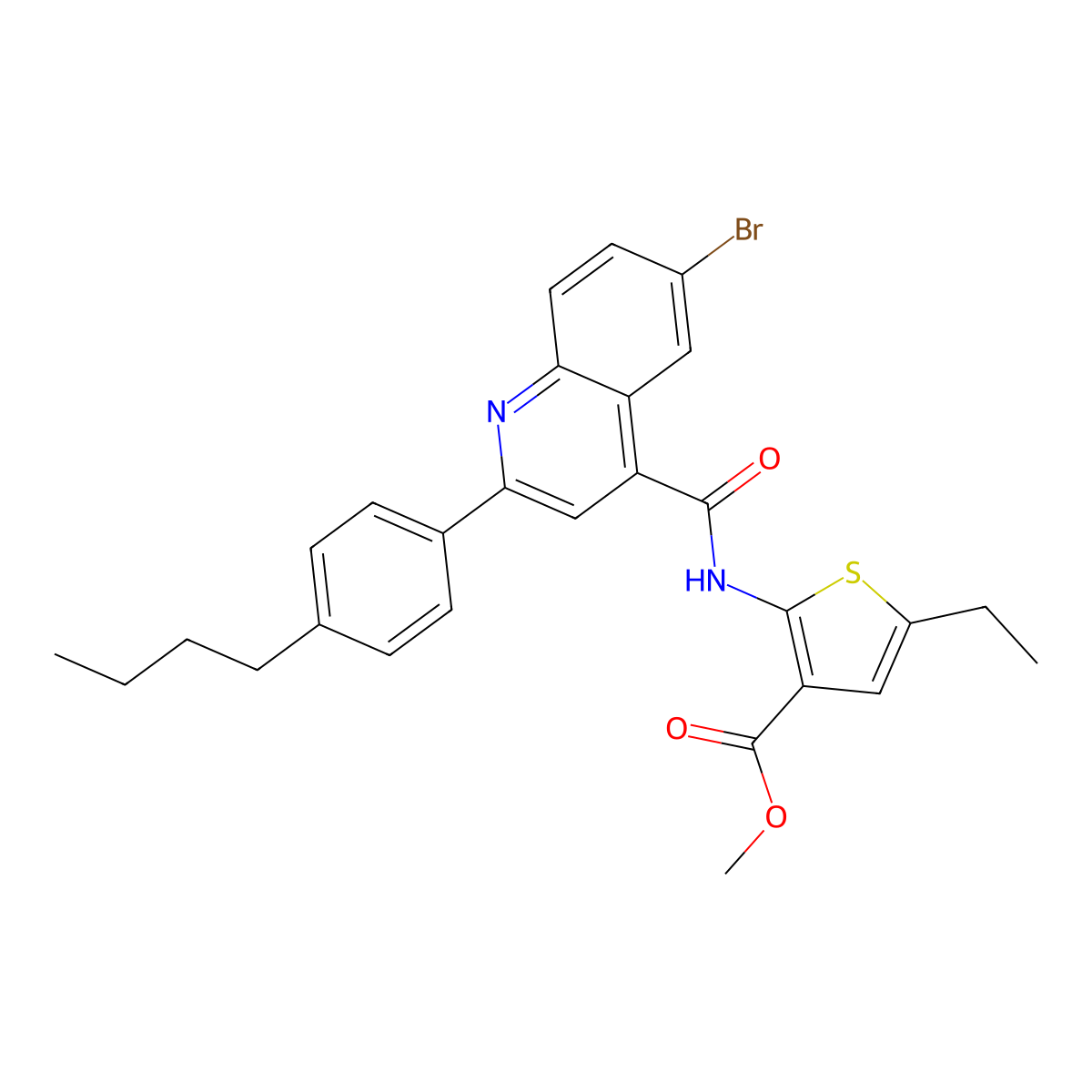 Methyl 2-[[6-bromo-2-(4-butylphenyl)quinoline-4-carbonyl]amino]-5-ethylthiophene-3-carboxylate molecular structure, CAS 438198-80-2