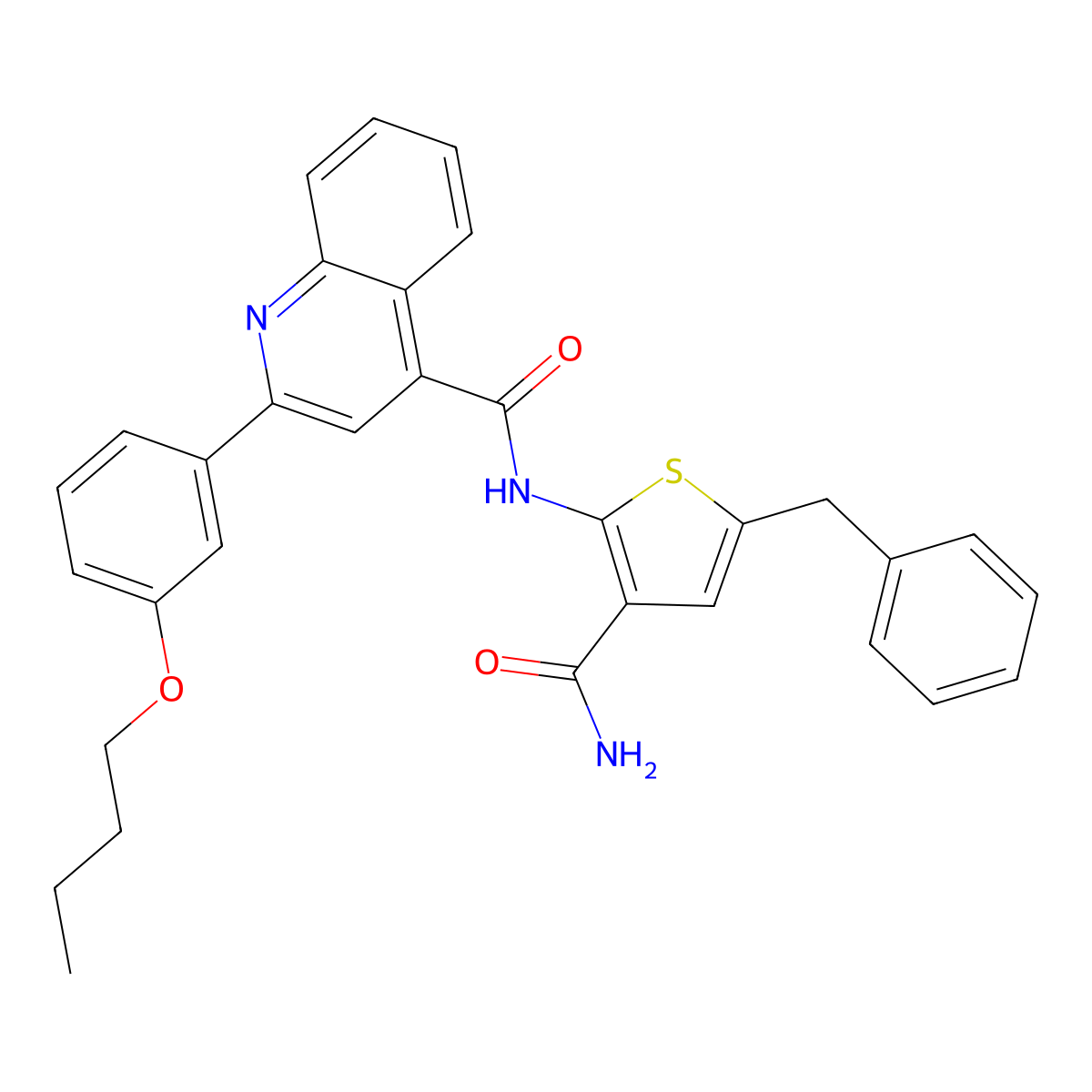N-(5-benzyl-3-carbamoylthiophen-2-yl)-2-(3-butoxyphenyl)quinoline-4-carboxamide molecular structure, CAS 438198-89-1