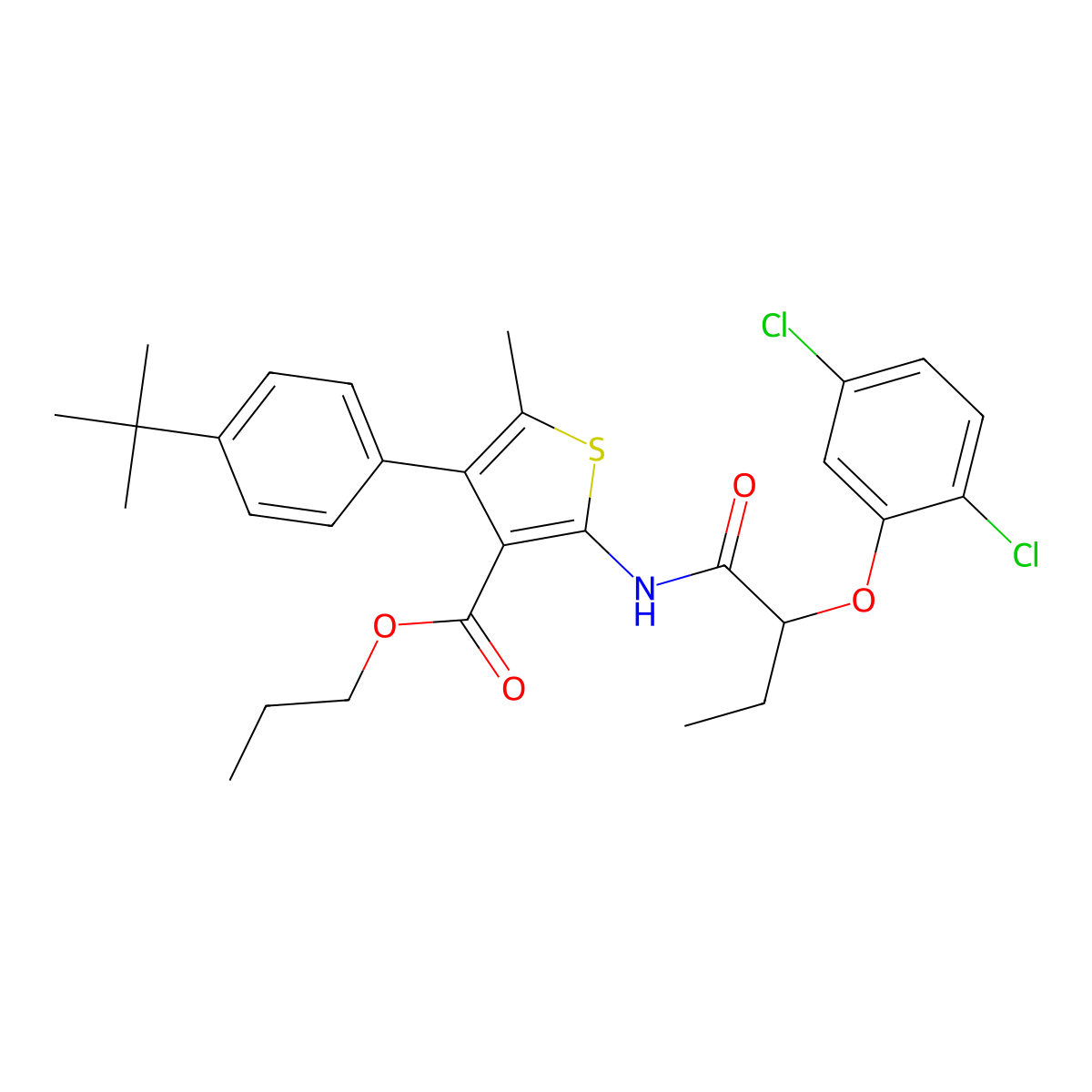 Propyl 4-(4-tert-butylphenyl)-2-[2-(2,5-dichlorophenoxy)butanoylamino]-5-methylthiophene-3-carboxylate molecular structure, CAS 438199-03-2