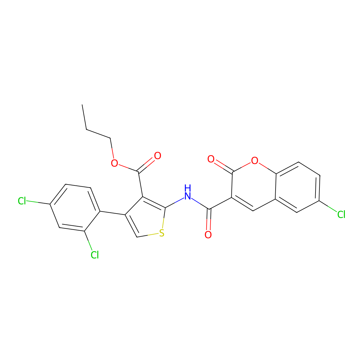 Propyl 2-[(6-chloro-2-oxochromene-3-carbonyl)amino]-4-(2,4-dichlorophenyl)thiophene-3-carboxylate molecular structure, CAS 438199-04-3