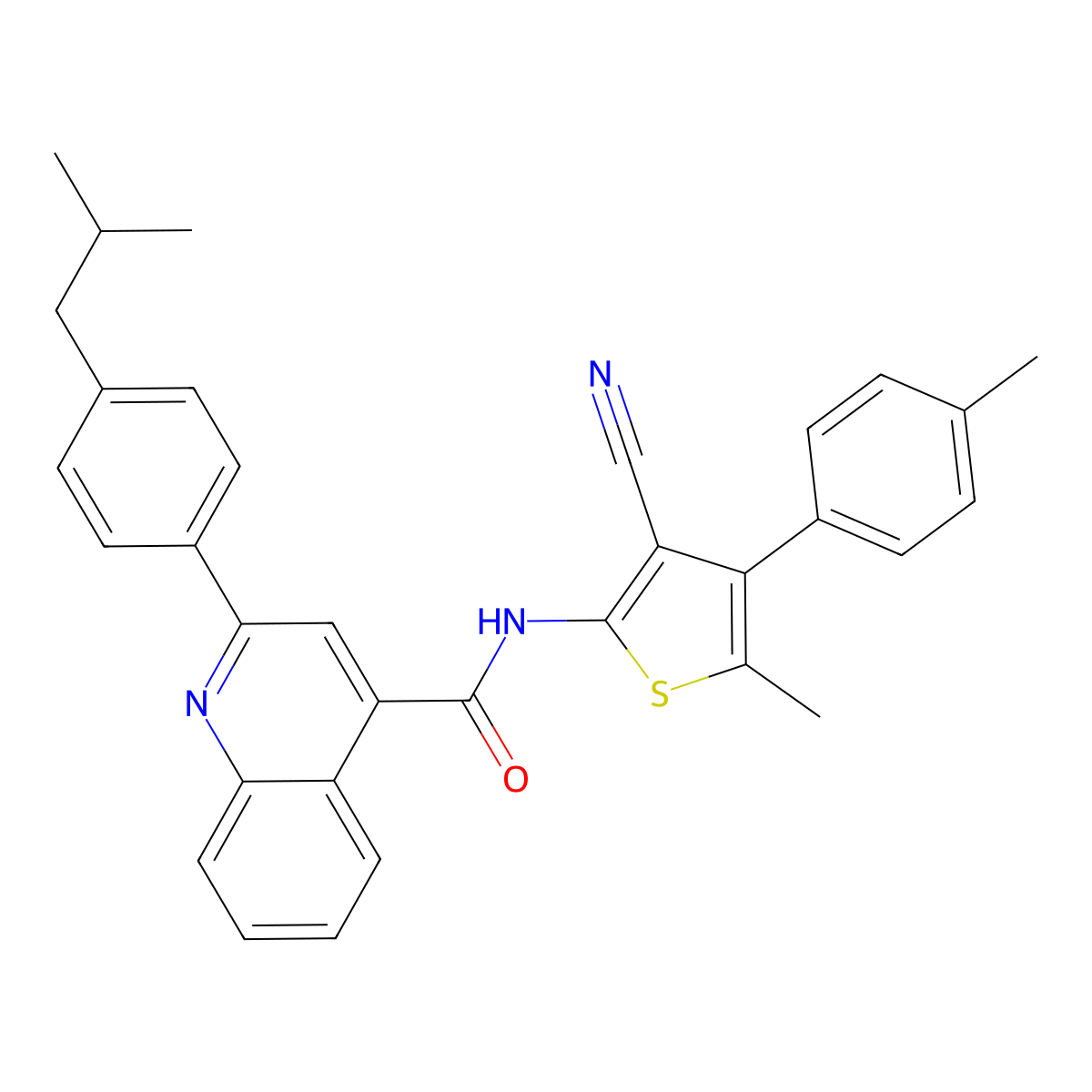 N-[3-cyano-5-methyl-4-(4-methylphenyl)thiophen-2-yl]-2-[4-(2-methylpropyl)phenyl]quinoline-4-carboxamide molecular structure, CAS 438199-06-5