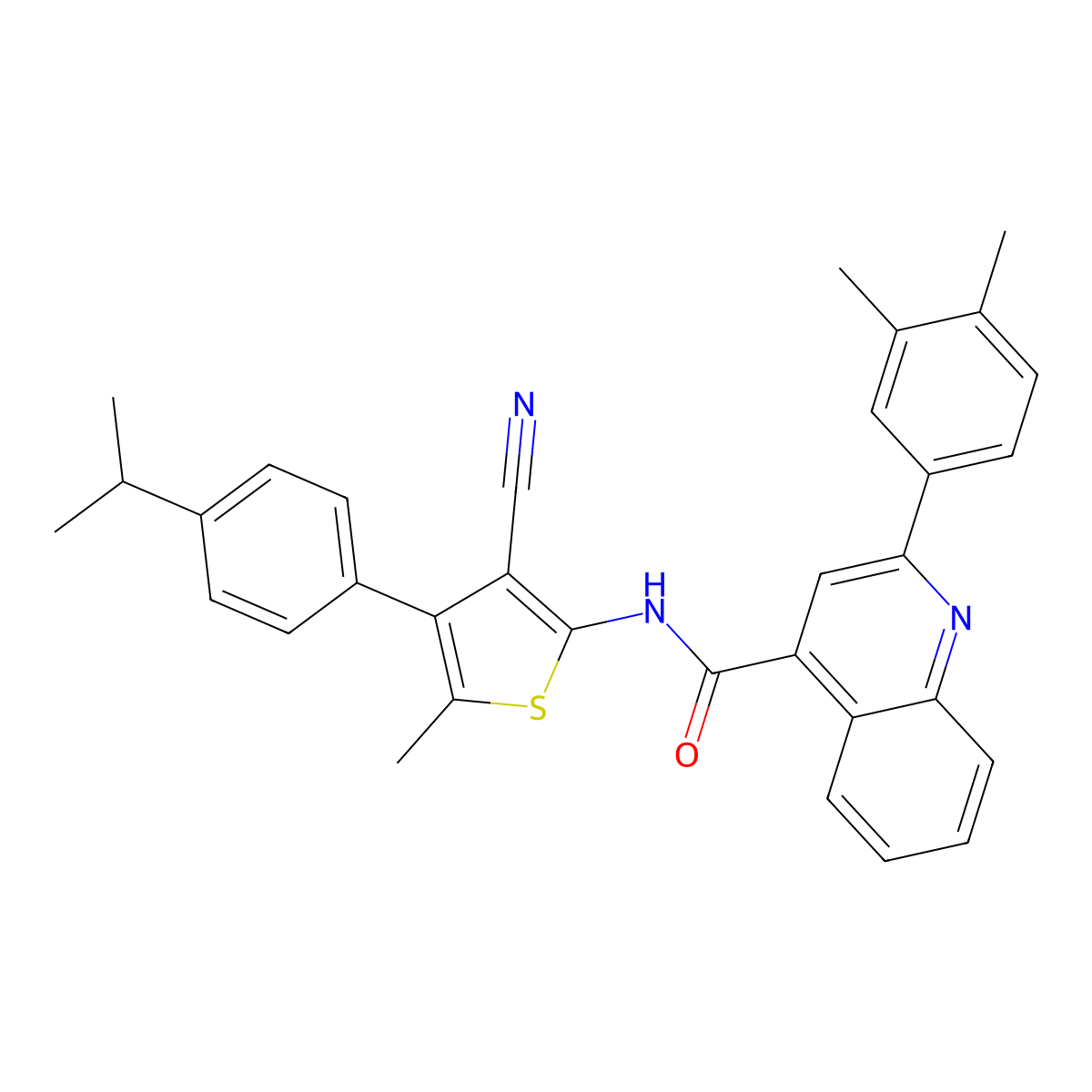 N-[3-cyano-5-methyl-4-(4-propan-2-ylphenyl)thiophen-2-yl]-2-(3,4-dimethylphenyl)quinoline-4-carboxamide molecular structure, CAS 438199-13-4