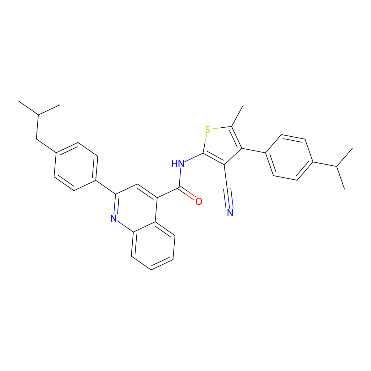 N-[3-cyano-5-methyl-4-(4-propan-2-ylphenyl)thiophen-2-yl]-2-[4-(2-methylpropyl)phenyl]quinoline-4-carboxamide molecular structure, CAS 438199-17-8