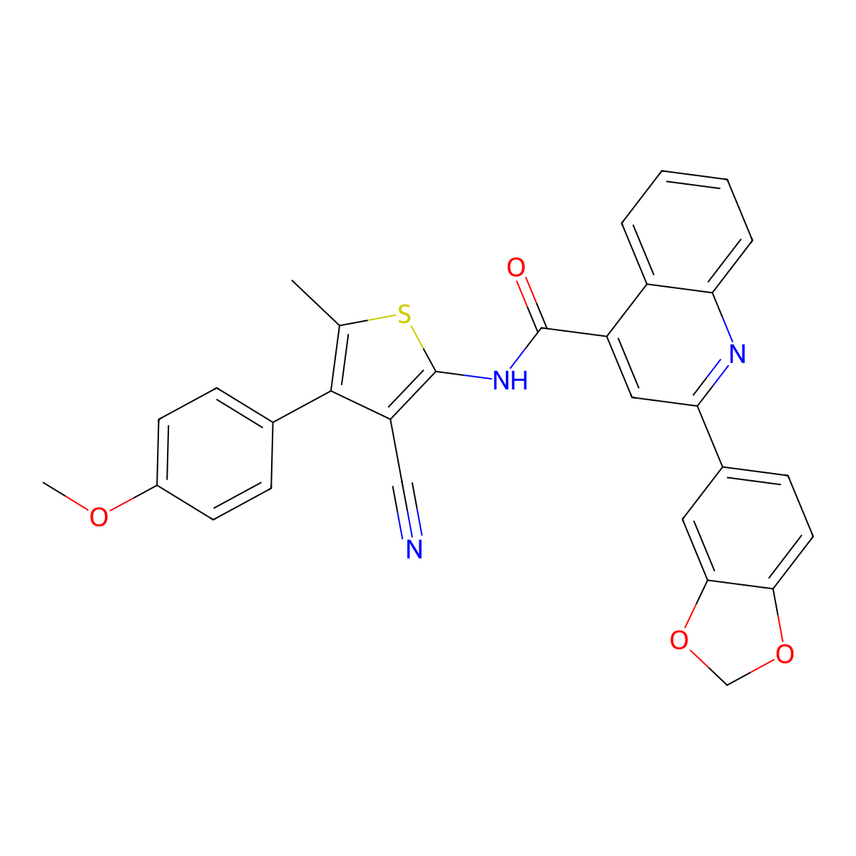 2-(1,3-benzodioxol-5-yl)-N-[3-cyano-4-(4-methoxyphenyl)-5-methylthiophen-2-yl]quinoline-4-carboxamide molecular structure, CAS 438199-20-3