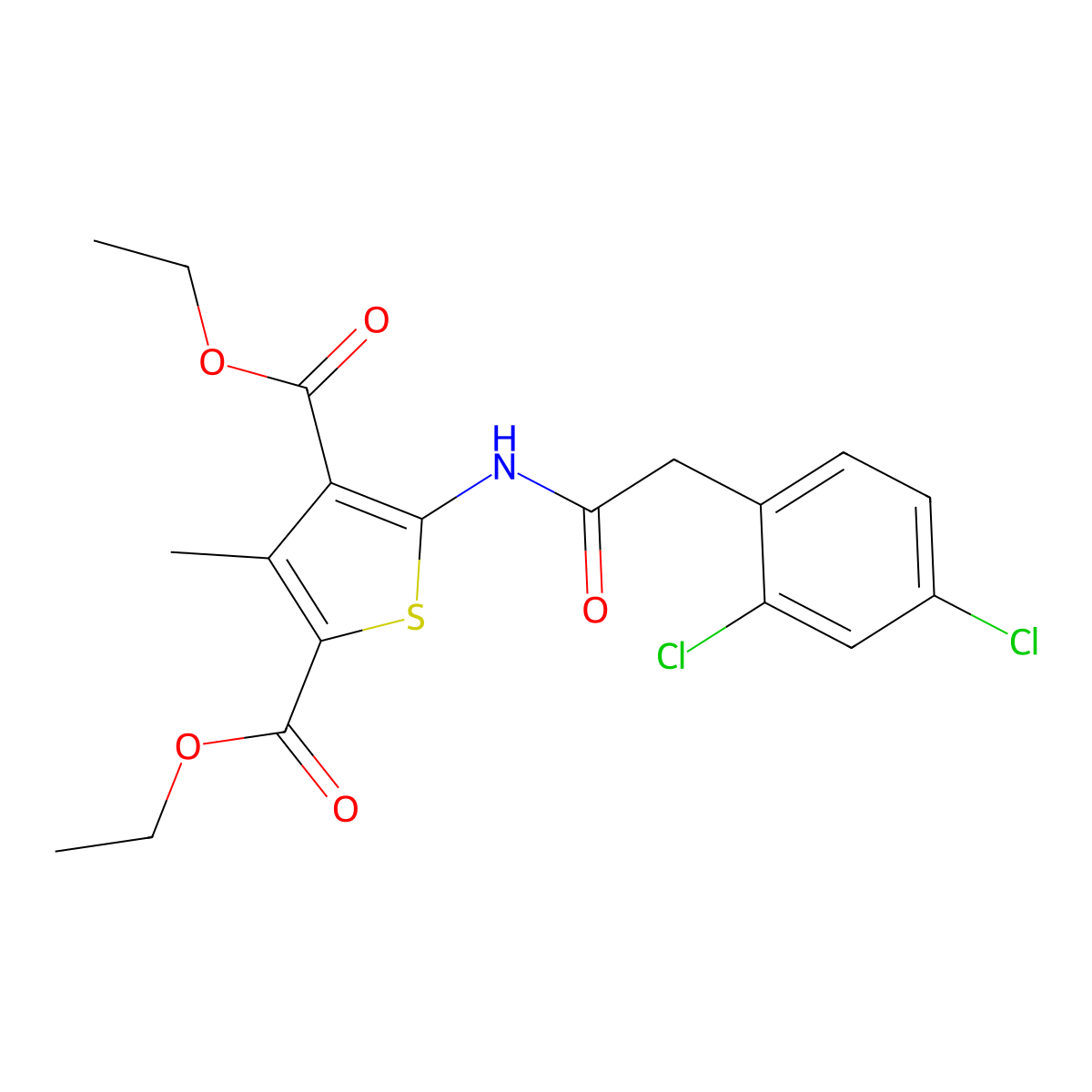 Diethyl 5-{[(2,4-dichlorophenyl)acetyl]amino}-3-methyl-2,4-thiophenedicarboxylate molecular structure, CAS 438199-25-8