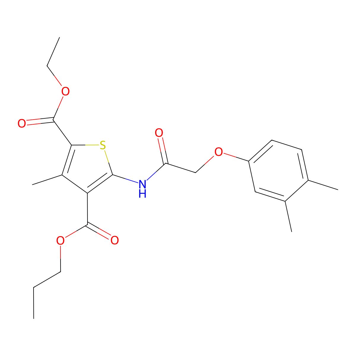 2-Ethyl 4-propyl 5-{[(3,4-dimethylphenoxy)acetyl]amino}-3-methyl-2,4-thiophenedicarboxylate molecular structure, CAS 438199-36-1