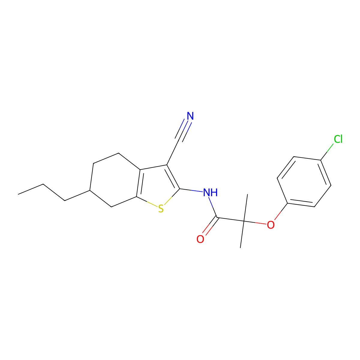2-(4-chlorophenoxy)-N-(3-cyano-6-propyl-4,5,6,7-tetrahydro-1-benzothiophen-2-yl)-2-methylpropanamide molecular structure, CAS 438199-61-2