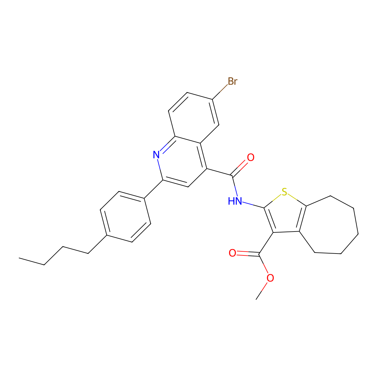 methyl 2-[[6-bromo-2-(4-butylphenyl)quinoline-4-carbonyl]amino]-5,6,7,8-tetrahydro-4H-cyclohepta[b]thiophene-3-carboxylate molecular structure, CAS 438199-64-5