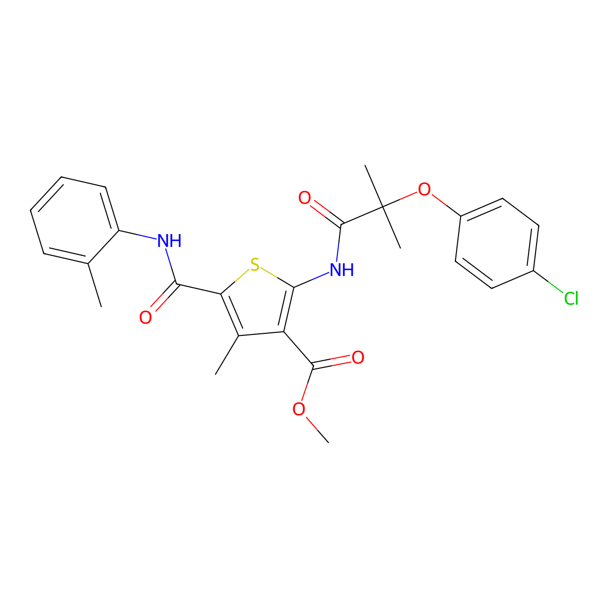 Methyl 2-{[2-(4-chlorophenoxy)-2-methylpropanoyl]amino}-4-methyl-5-(2-toluidinocarbonyl)-3-thiophenecarboxylate molecular structure, CAS 438199-66-7
