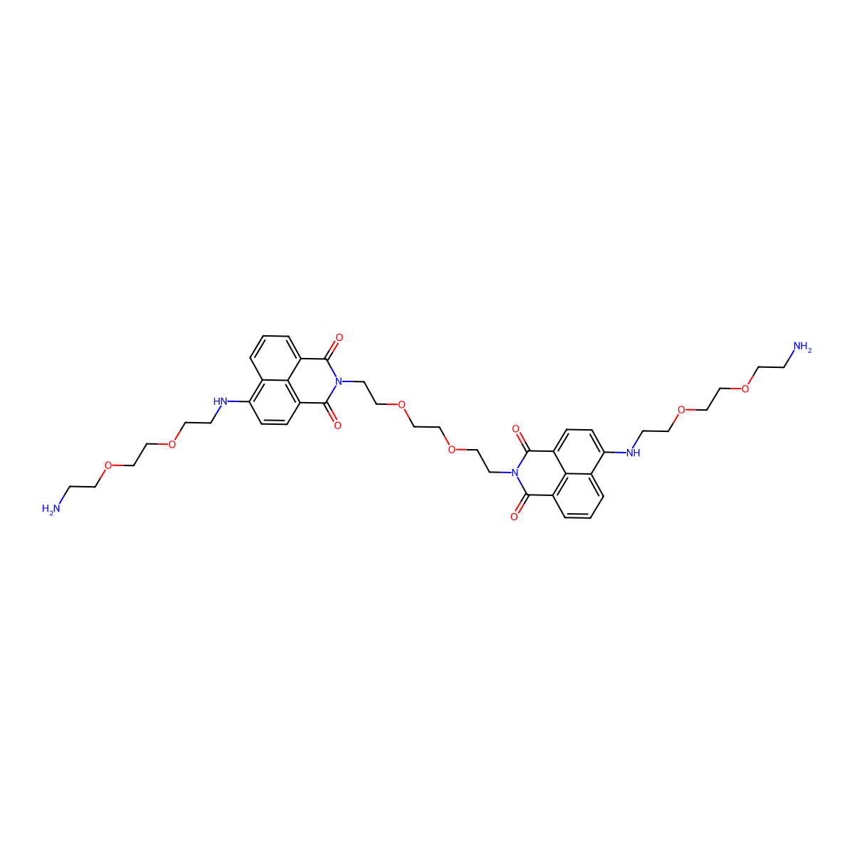 2,2'-((ethane-1,2-diylbis(oxy))bis(ethane-2,1-diyl))bis(6-((2-(2-(2-aminoethoxy)ethoxy)ethyl)amino)-1H-benzo[de]isoquinoline-1,3(2H)-dione) molecular structure, CAS 438200-66-9