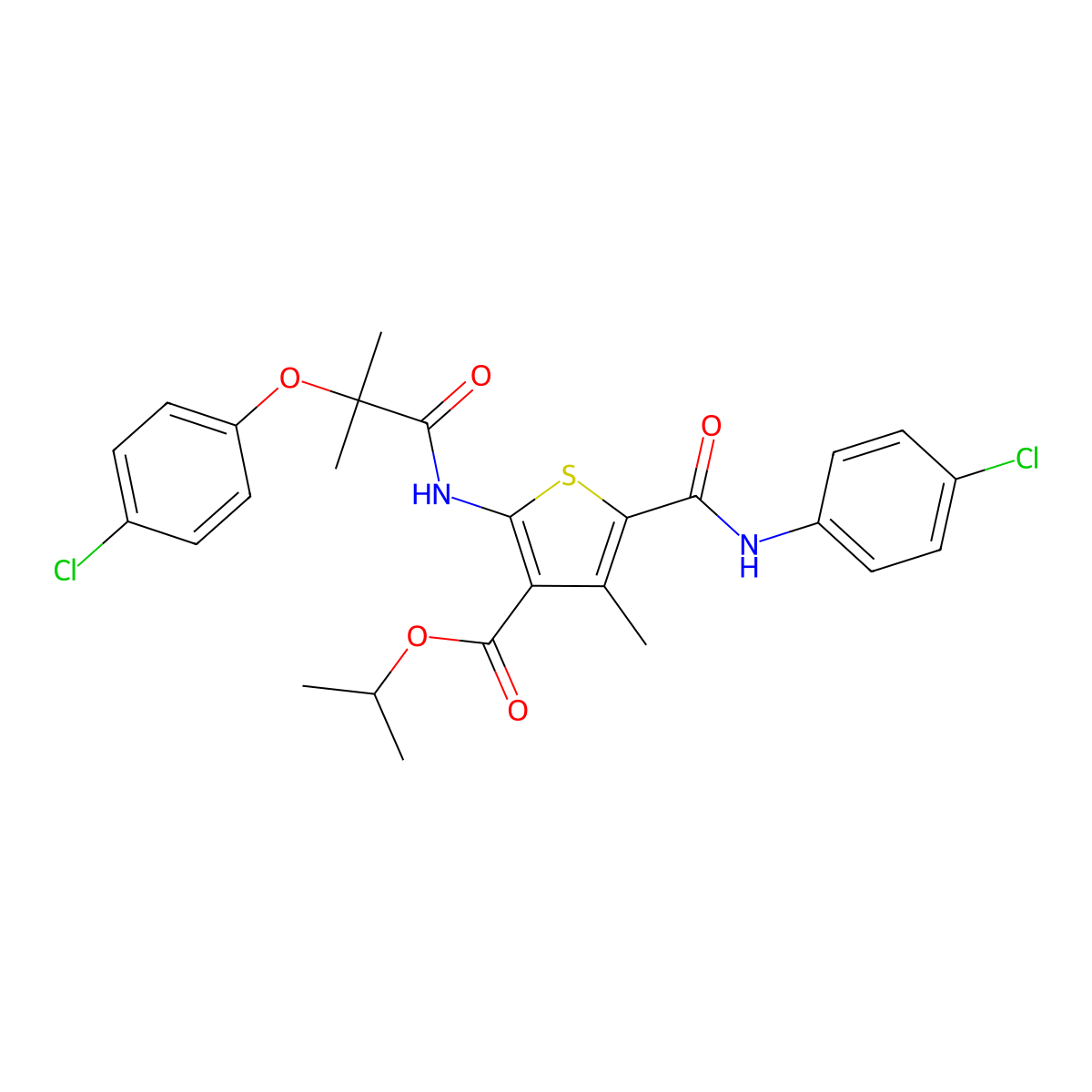 Isopropyl 5-[(4-chloroanilino)carbonyl]-2-{[2-(4-chlorophenoxy)-2-methylpropanoyl]amino}-4-methyl-3-thiophenecarboxylate molecular structure, CAS 438211-09-7