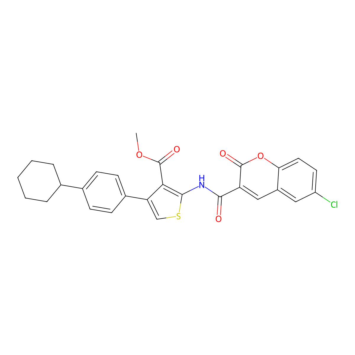 Methyl 2-[(6-chloro-2-oxochromene-3-carbonyl)amino]-4-(4-cyclohexylphenyl)thiophene-3-carboxylate molecular structure, CAS 438211-13-3