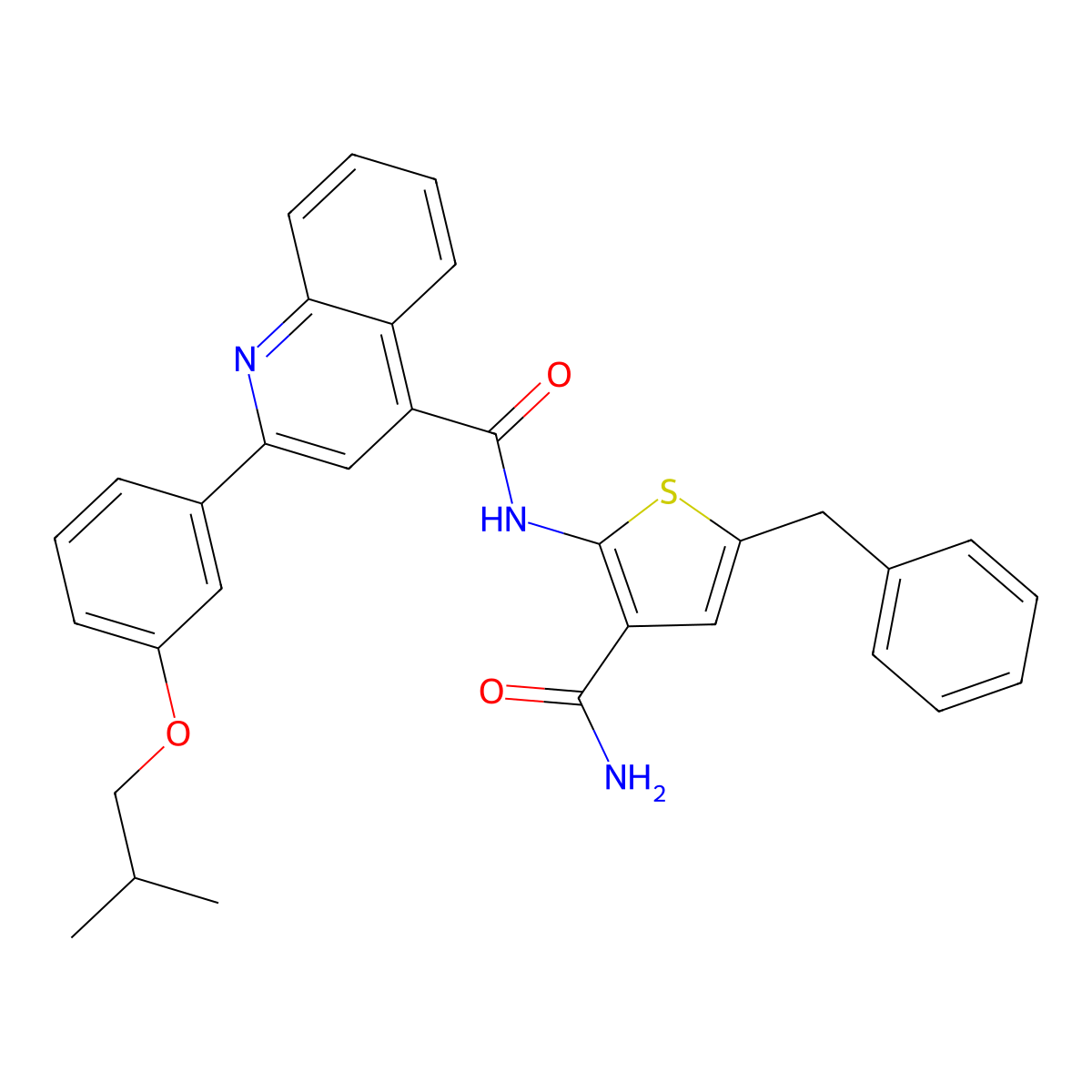 N-(5-benzyl-3-carbamoylthiophen-2-yl)-2-[3-(2-methylpropoxy)phenyl]quinoline-4-carboxamide molecular structure, CAS 438211-16-6