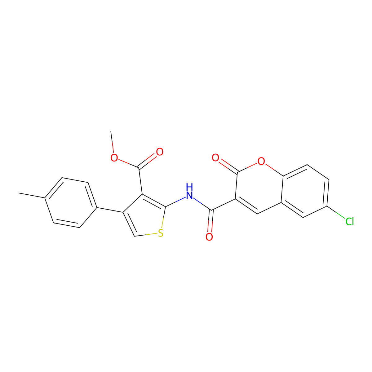 Methyl 2-[(6-chloro-2-oxochromene-3-carbonyl)amino]-4-(4-methylphenyl)thiophene-3-carboxylate molecular structure, CAS 438211-17-7
