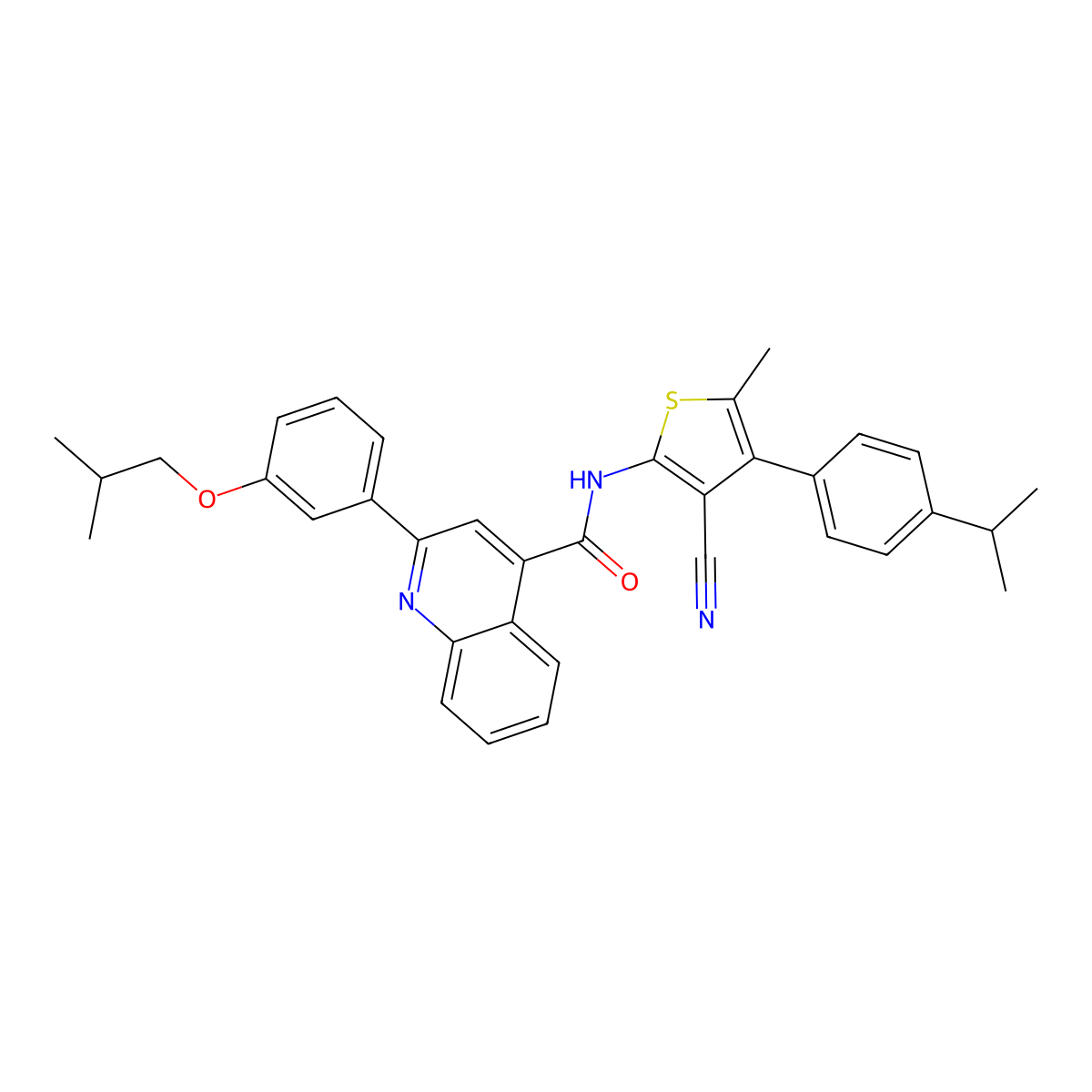 N-[3-cyano-5-methyl-4-(4-propan-2-ylphenyl)thiophen-2-yl]-2-[3-(2-methylpropoxy)phenyl]quinoline-4-carboxamide molecular structure, CAS 438211-29-1