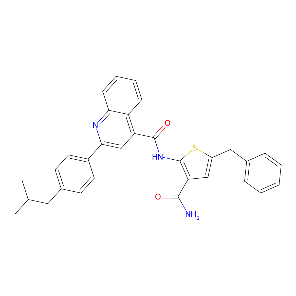 N-(5-benzyl-3-carbamoylthiophen-2-yl)-2-[4-(2-methylpropyl)phenyl]quinoline-4-carboxamide molecular structure, CAS 438211-34-8