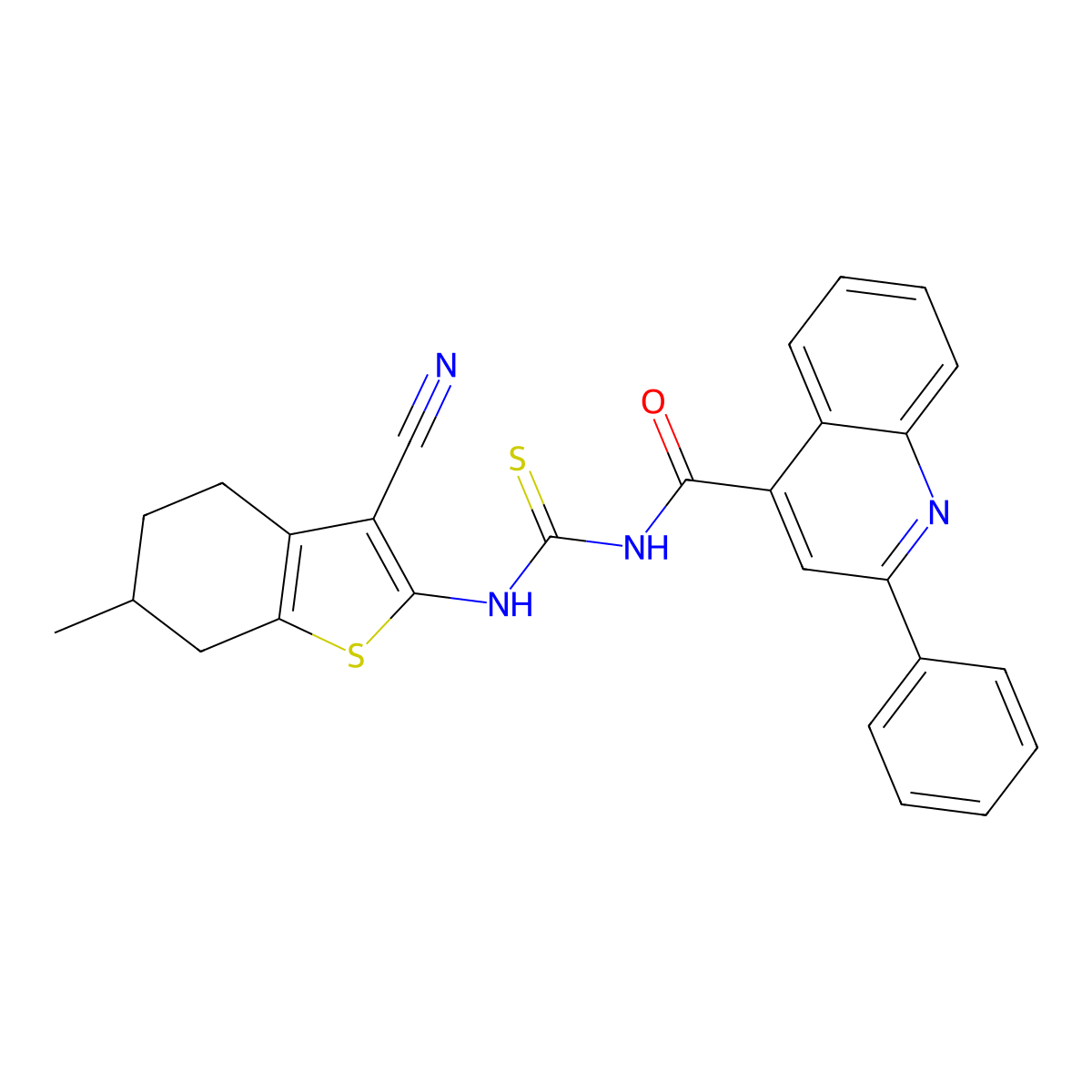 N-[(3-cyano-6-methyl-4,5,6,7-tetrahydro-1-benzothiophen-2-yl)carbamothioyl]-2-phenylquinoline-4-carboxamide molecular structure, CAS 438211-63-3